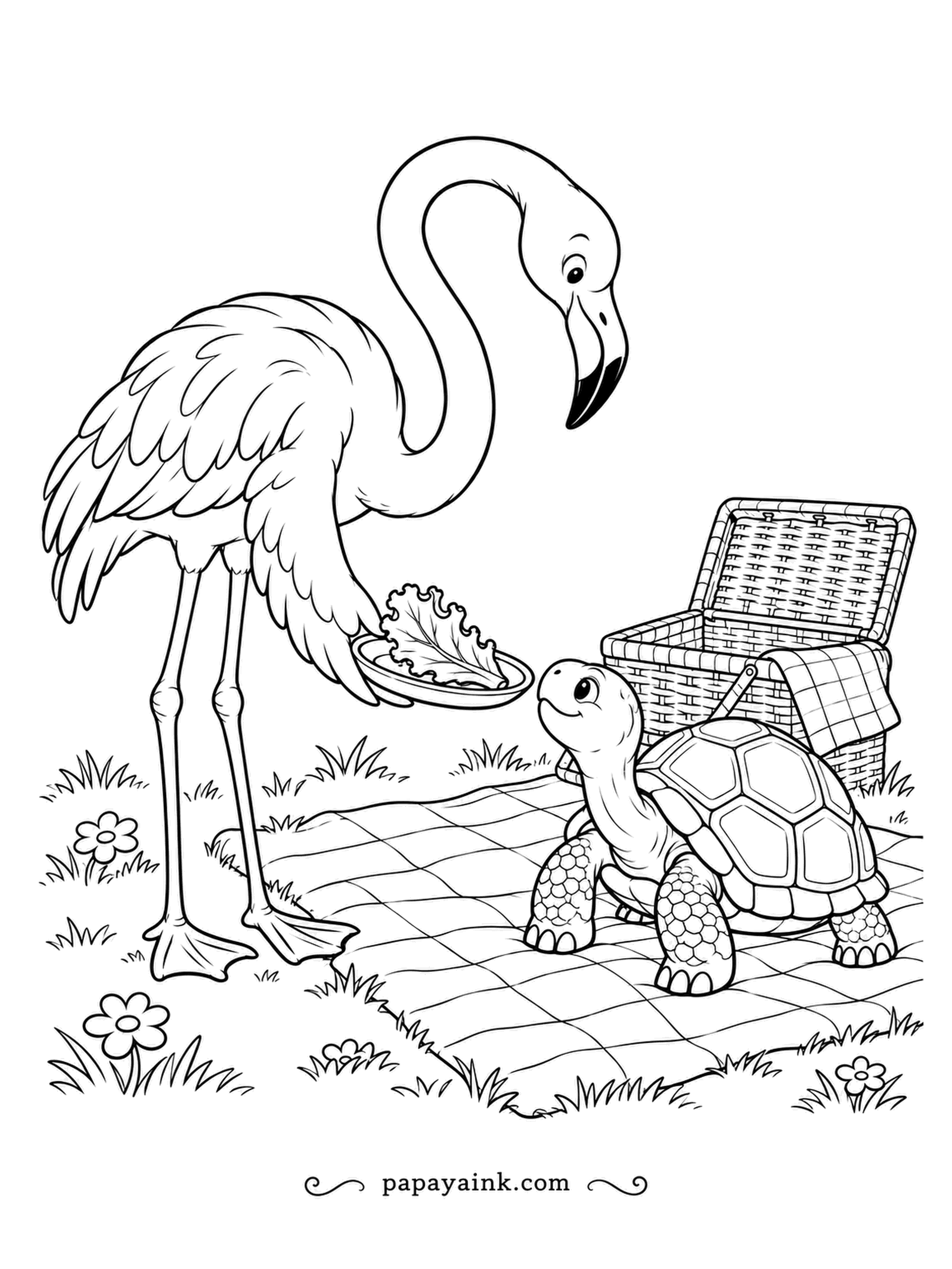 Flamingo Coloring Pages - Lettuce for the guest: the flamingo offers a leaf to a tortoise who arrived at the picnic slightly late, as tortoises do. Checked blanket, wicker basket and flowers in the grass.