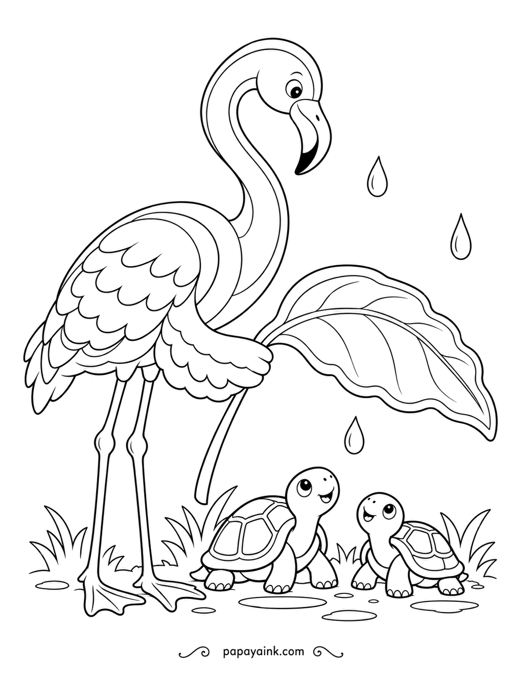 Flamingo Coloring Pages - Rain starts, and the flamingo holds a broad leaf over two small turtles who seem delighted by the arrangement. Big shapes, happy faces - greens and pinks are all it needs.