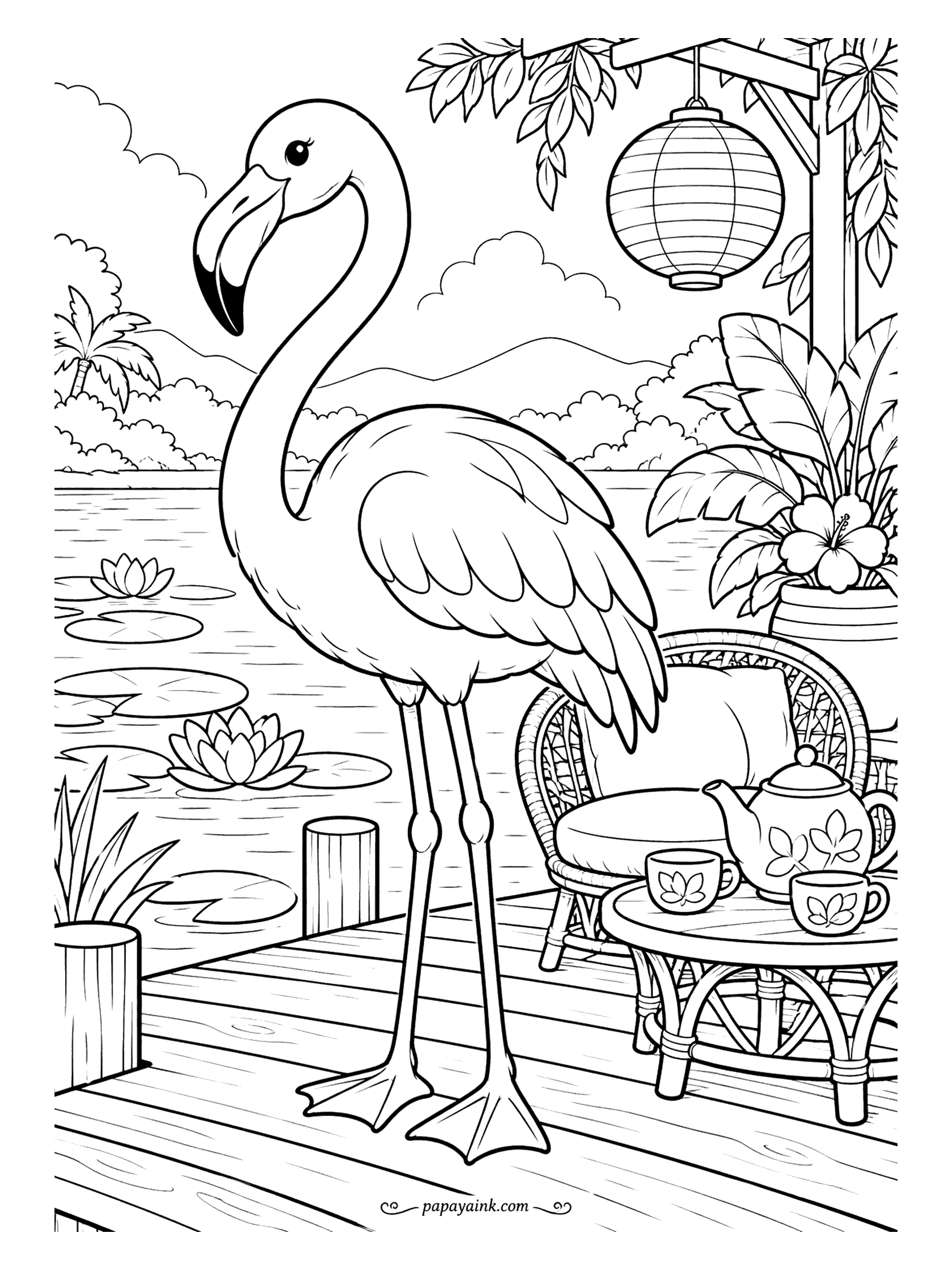 Flamingo Coloring Pages - Someone has set a rattan chair, a teapot and two cups on the dock, and the only guest is a flamingo. The lantern overhead and the leaf-print china are small enough for fine-tip pens; the sky and water are big enough for soft blending.