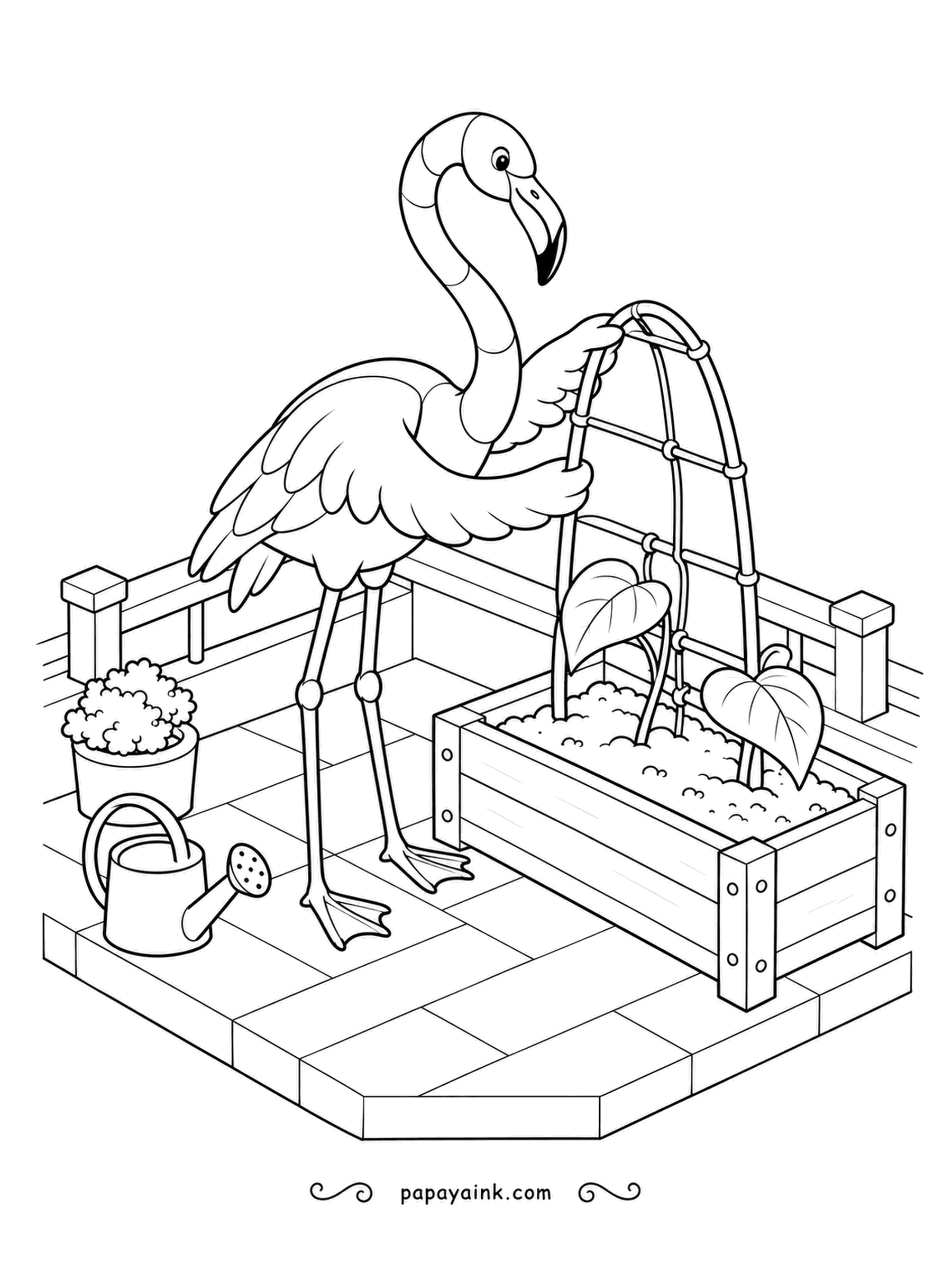 Flamingo Coloring Pages - Rooftop gardening: a raised planter, a hoop trellis for the climbing seedling, a watering can at the ready. The gardener steadies the trellis with surprising skill. Isometric lines for a crisp, tidy finish.