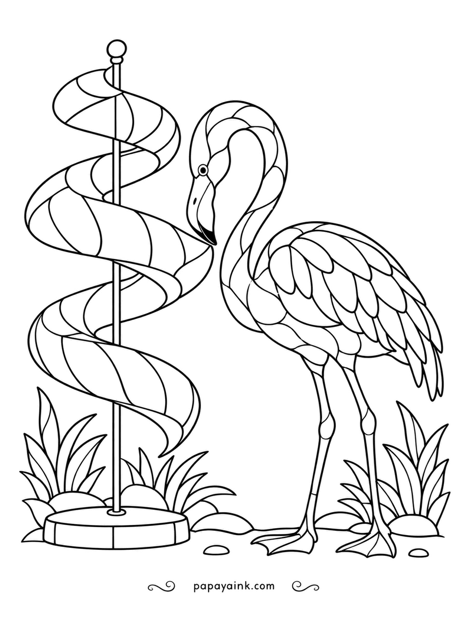 Flamingo Coloring Pages - A twisted ribbon spirals up a pole, and the stained-glass flamingo leans in to see which way it turns. Color each loop of the spiral differently for a candy-stick effect.