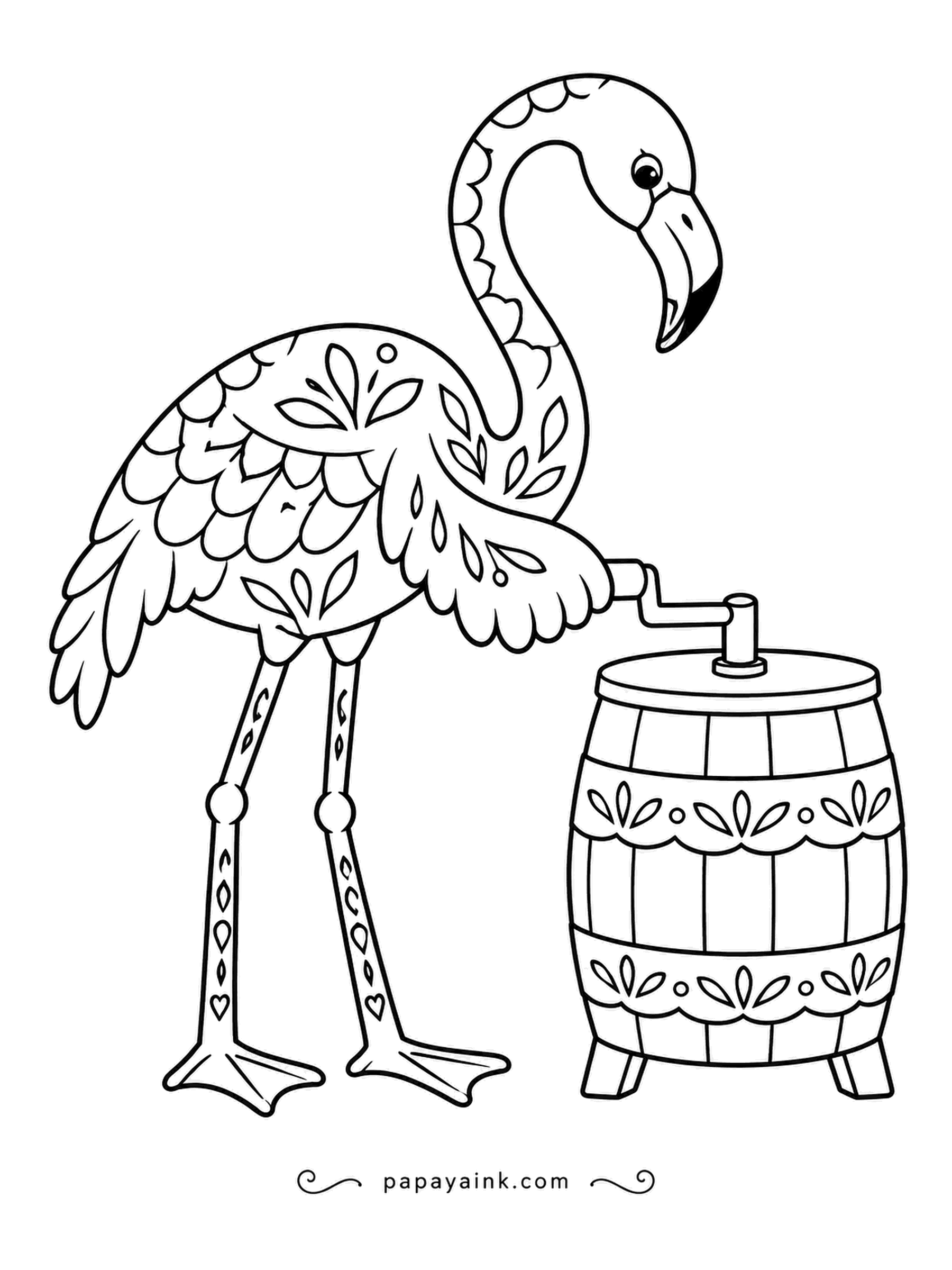 Flamingo Coloring Pages - Butter churns take patience, and the folk-art flamingo turns the crank on a painted barrel. Hearts and leaves are patterned down its legs. Cream, red and teal give it a farmhouse feel.