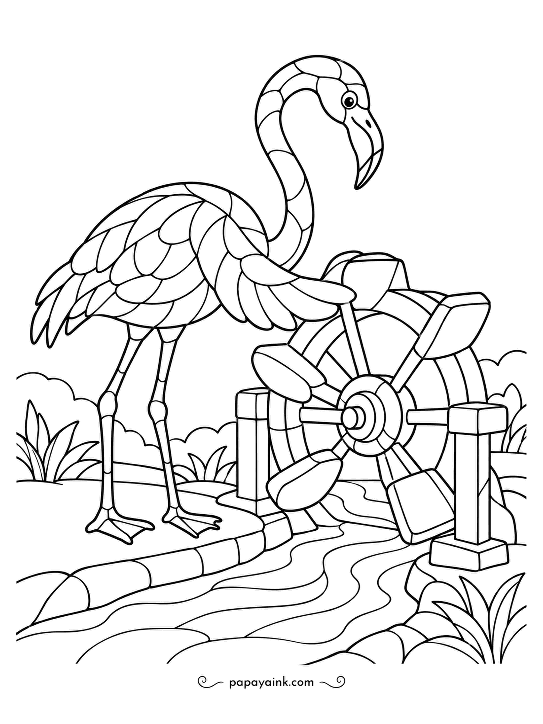 Flamingo Coloring Pages - A waterwheel turns in the stream, and the flamingo gives it a helpful push it hardly needs. Stained-glass lines cut both bird and wheel into neat panels. Blues for the water, rosy tones elsewhere.
