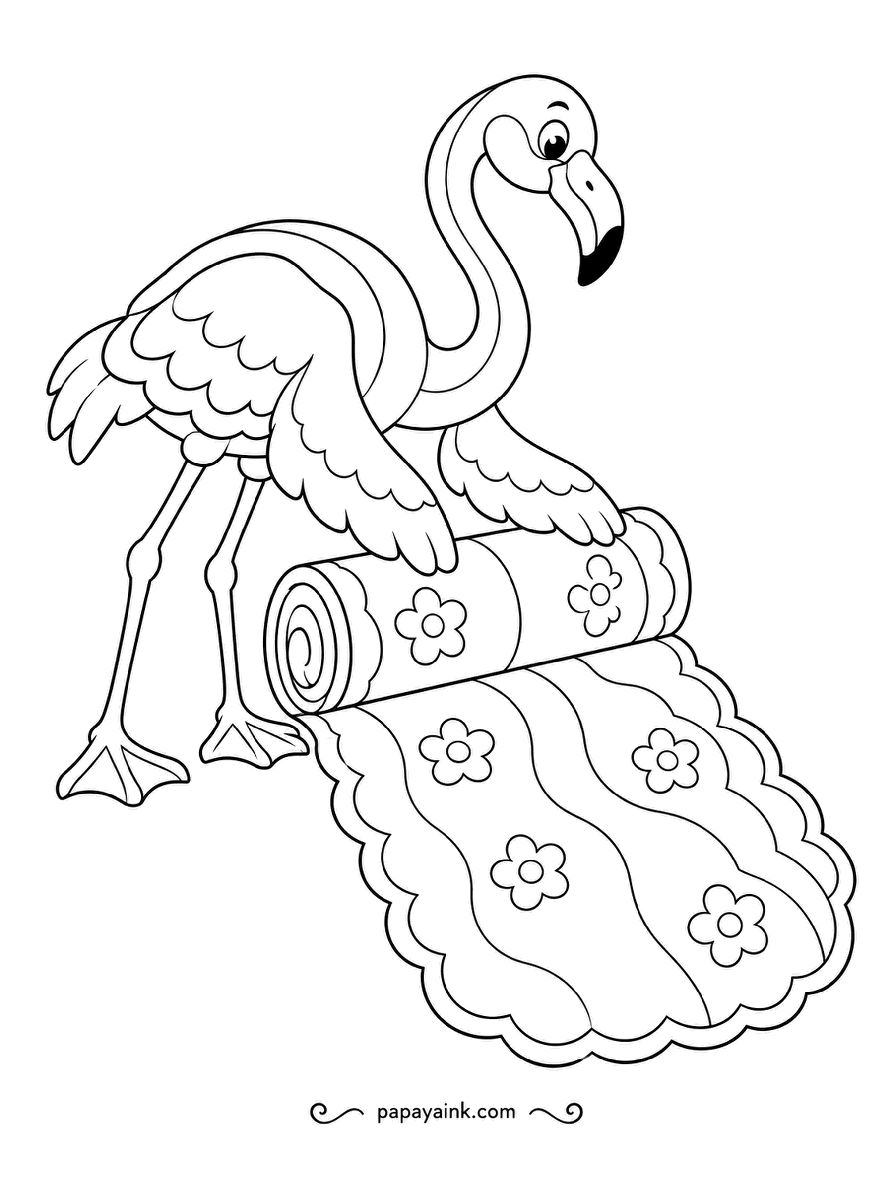 Flamingo Coloring Pages - A scalloped quilt covered in daisies rolls out across the floor, and a flamingo with a striped neck smooths it flat as it goes. Pastel blues and yellows suit the quilt.