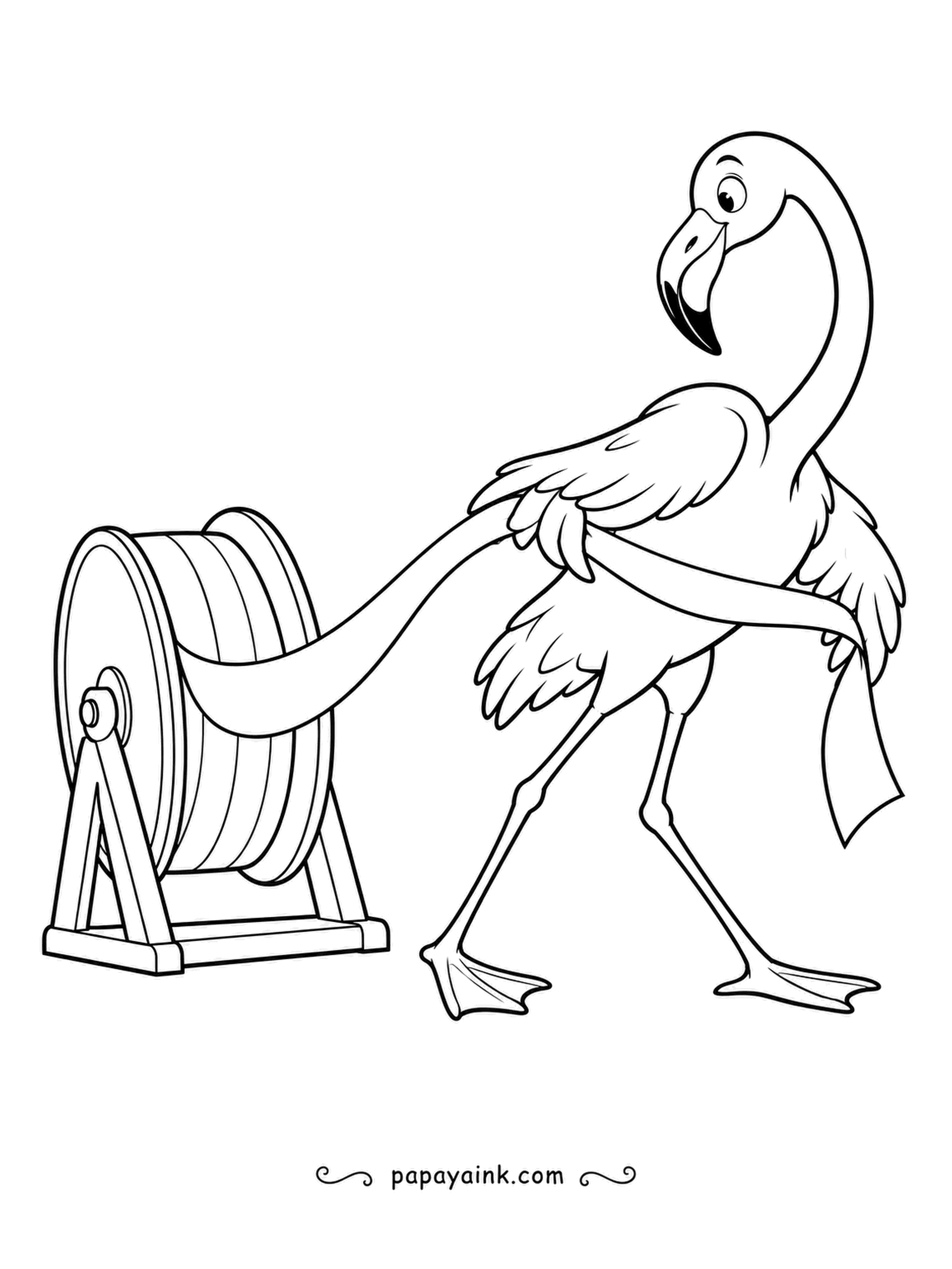 Flamingo Coloring Pages - Ribbon by the yard: the flamingo pulls a long band off a giant reel and wraps it around itself, possibly by accident. Simple outlines - pick one bold ribbon color.