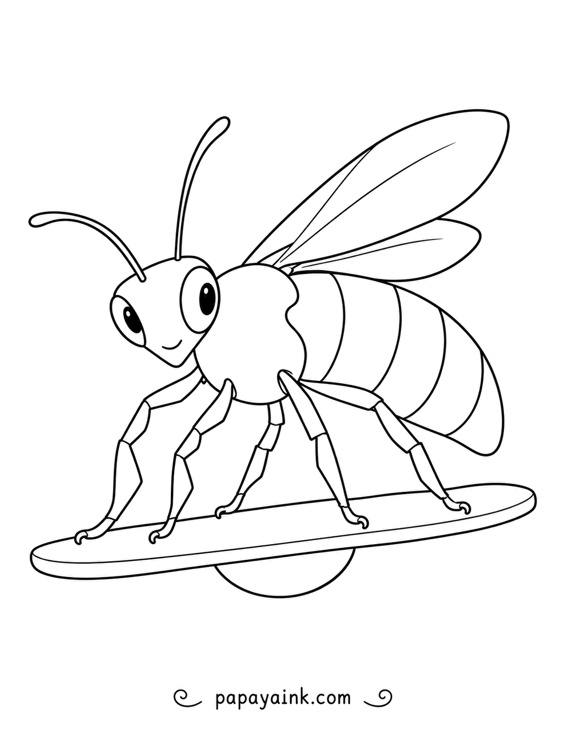 Bee Coloring Pages - Spreading its legs wide, a smiling bee keeps steady on a long board perched on a ball. Its plain shapes and big wings leave plenty of room for crayons, markers or paint.