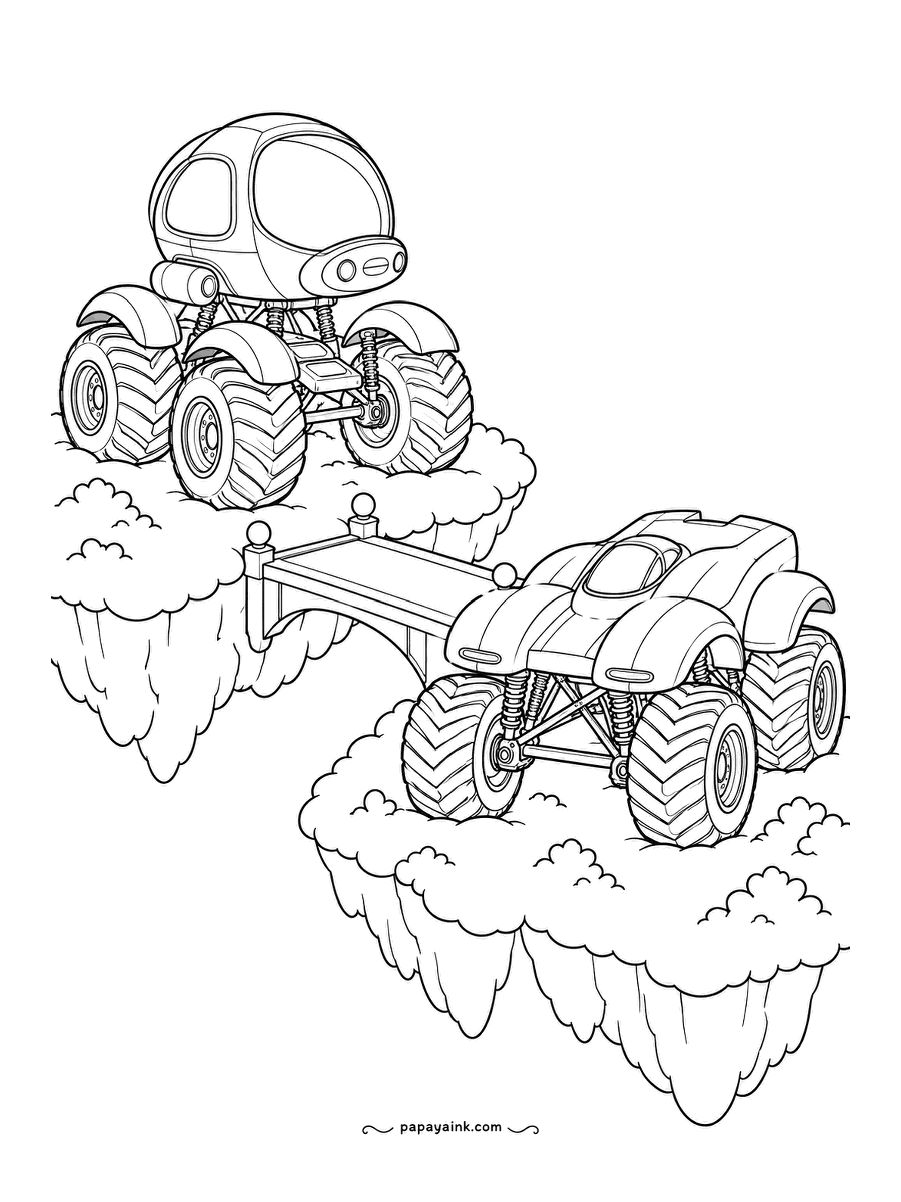 Monster Truck Coloring Pages - Somewhere above the weather, two trucks meet at a tiny bridge between cloud islands. The bubble-cab one waits on the high cloud; the other has just rolled onto the planks. Pale blues for the clouds, not grey - they are friendly.