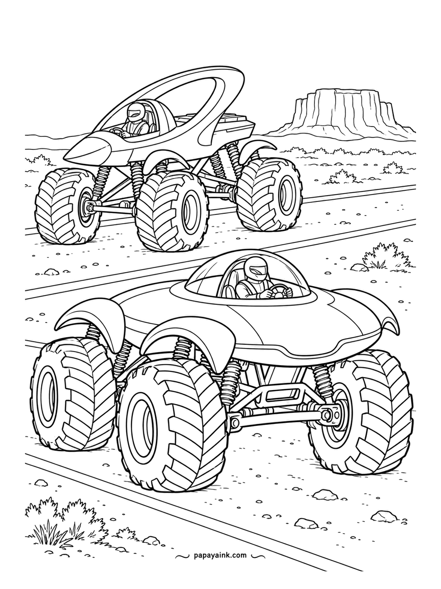 Monster Truck Coloring Pages - The saucer-shaped rover is about to overtake on a desert highway, helmeted driver looking straight ahead. The spearhead truck in the far lane has no intention of letting it. Mesa, scrub and gravel verges give plenty of warm earth tones.