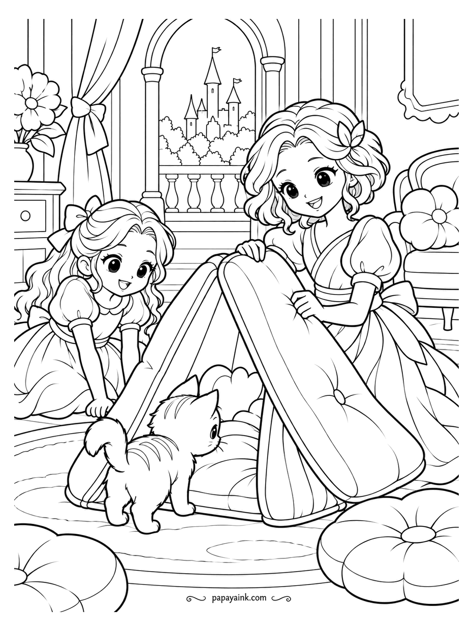 Kawaii Princess Coloring Pages - Two sofa cushions leaned together form a tent, and the kitten is the first to move in. The princesses hold the walls up until it settles, with the castle looking in through the window. Big plain cushions - soft shading, nothing loud.
