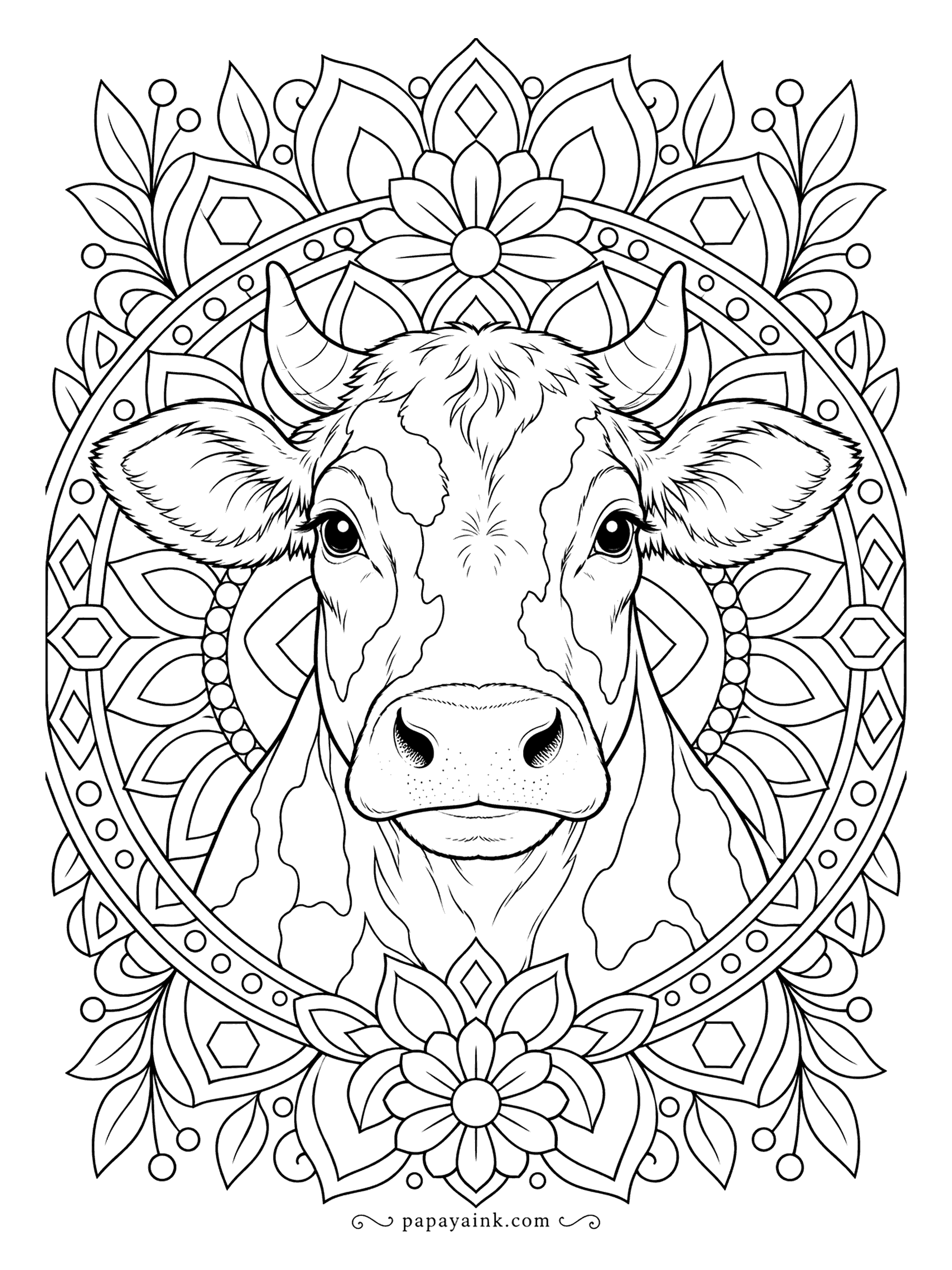 Cow Coloring Pages - Face-on portrait set inside a mandala of petals, beads and hexagons. Shade the face gently and work outward ring by ring; the pattern is symmetrical, so one palette repeated around the circle looks finished. Detailed.