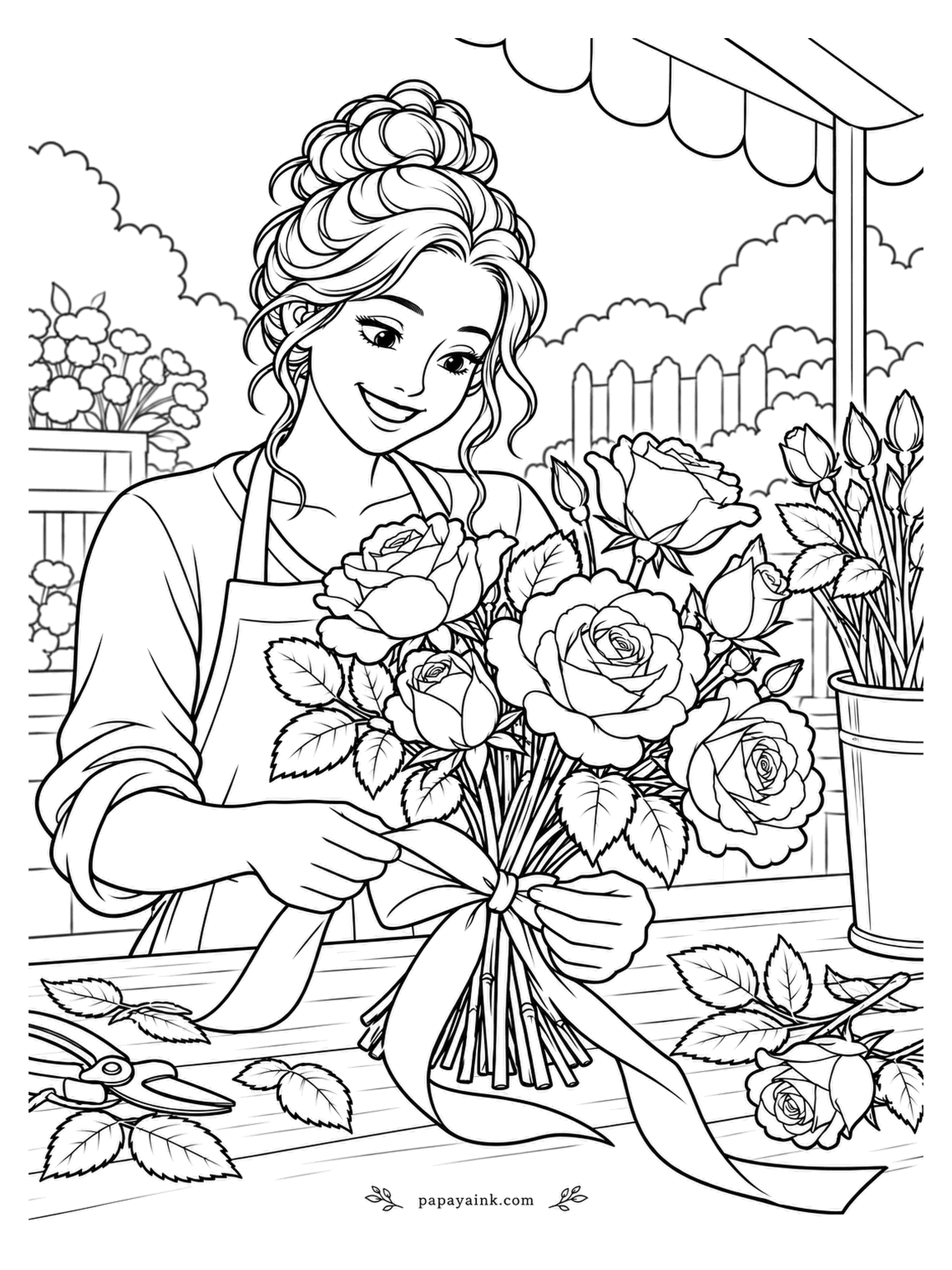 Rose Coloring Pages - The last step at the flower bench is the ribbon, and the florist is halfway through the knot. Her shears and a few trimmed leaves lie on the wood, with a bucket of fresh stems waiting nearby. Try one satin color for the bow.
