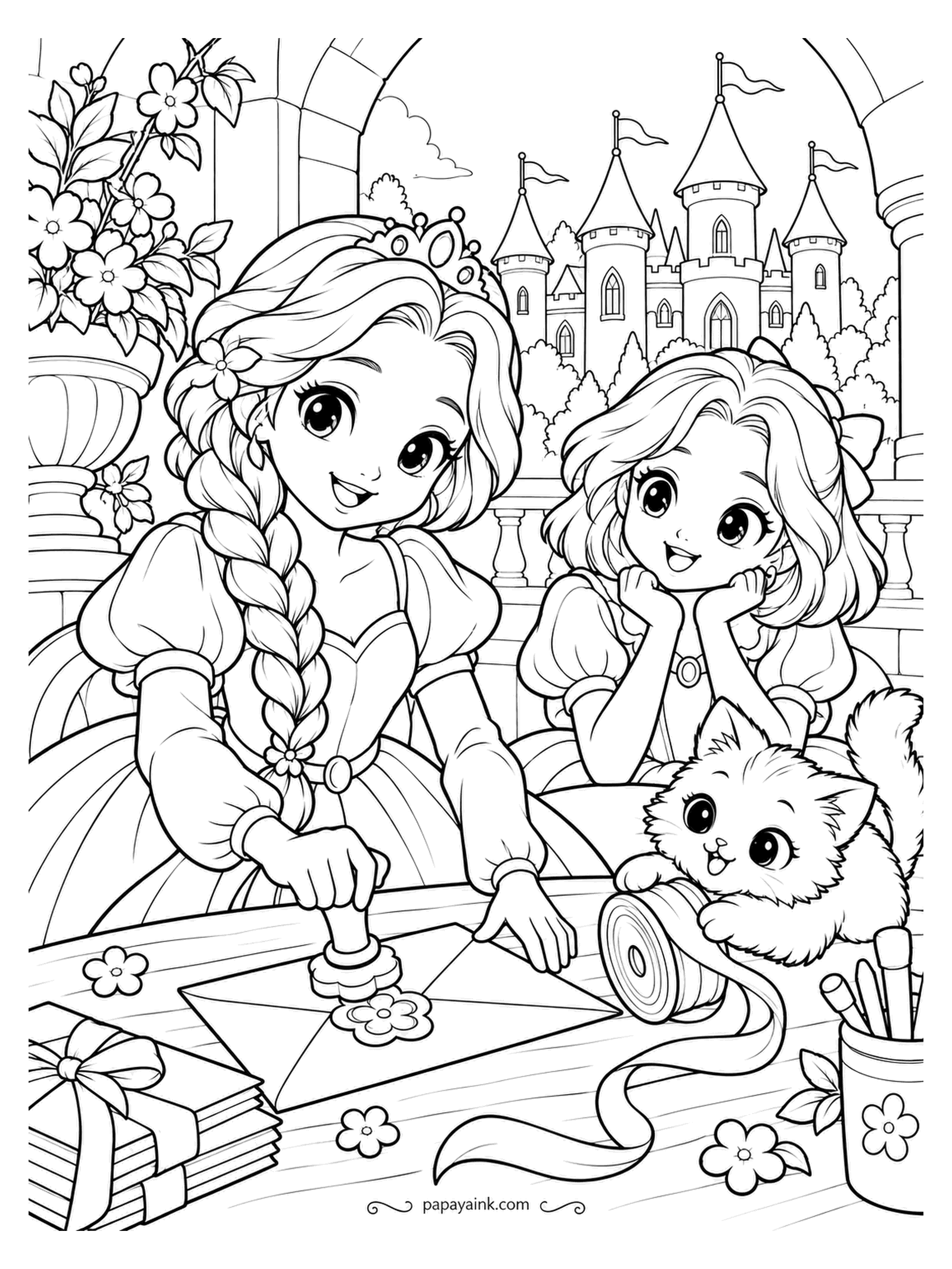 Kawaii Princess Coloring Pages - Stamp, press, done: the flower seal goes onto the envelope. The princess with the braid does the pressing, her friend watches chin in hands, and the kitten has rolled the ribbon spool off the table. Stacked letters in the corner, each with its own ribbon.