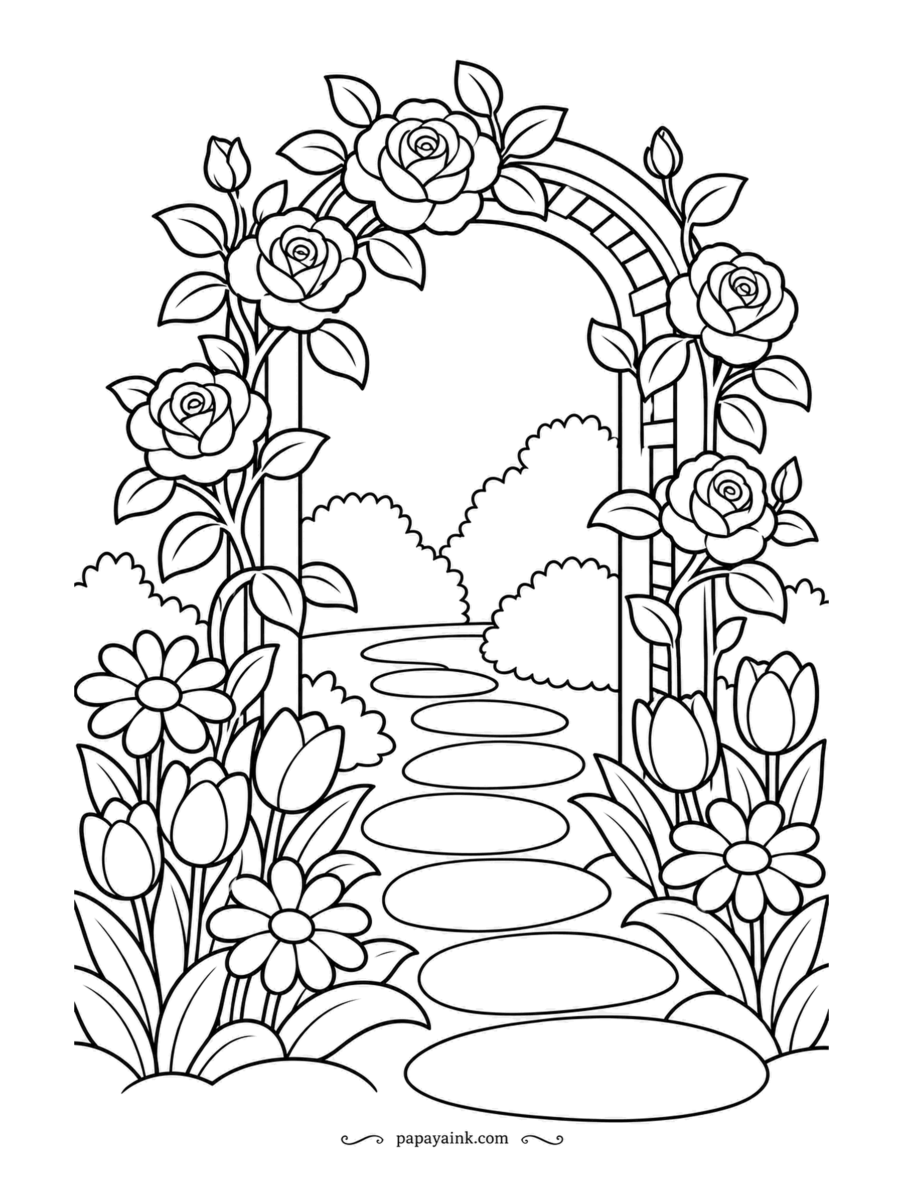 Garden Coloring Pages - A rose arch is a garden's front door, and this one is in full flower, with blooms climbing both sides and meeting at the top. Stepping stones wind through tulips and daisies toward the hedges behind. Open shapes everywhere - a comfortable first sheet.