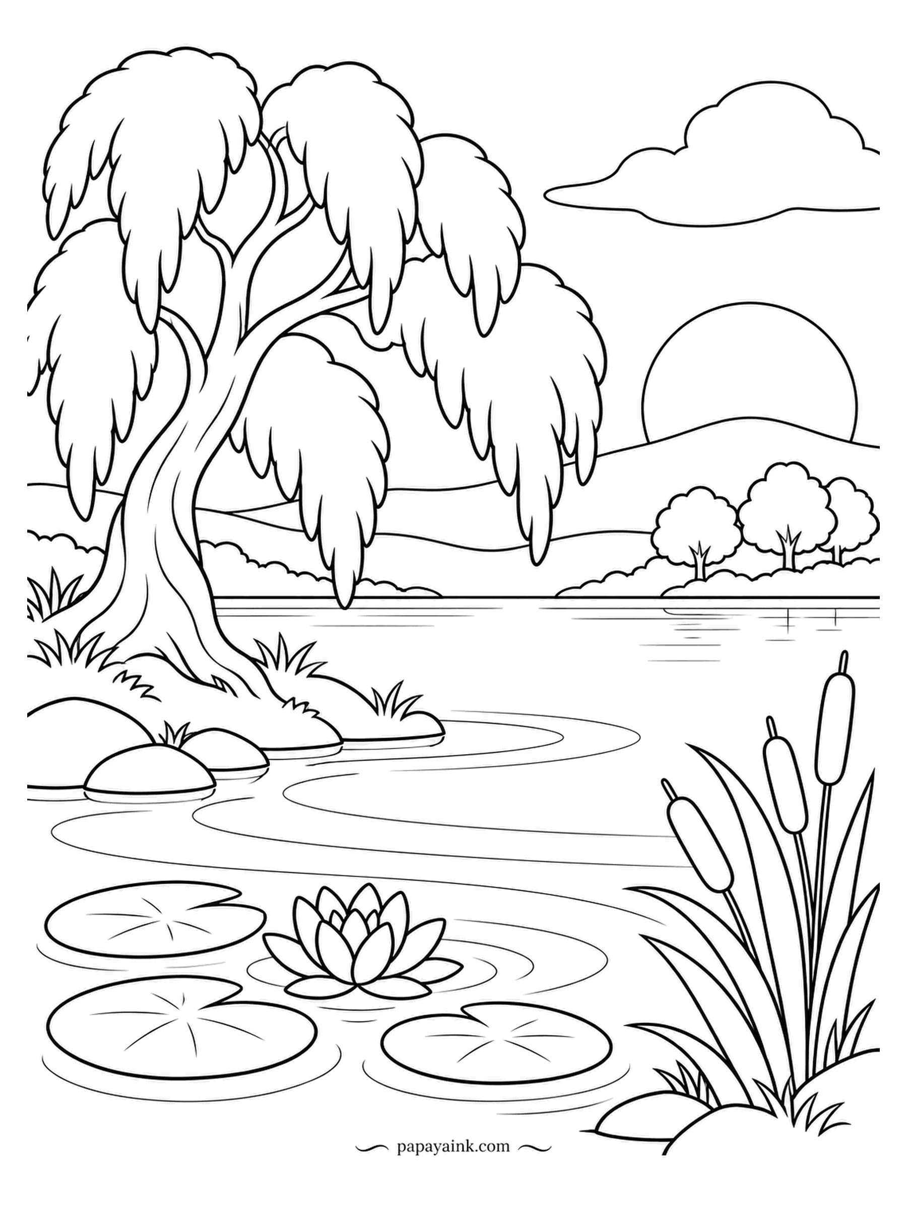 Nature Coloring Pages - A weeping willow leans over the lake while the sun settles behind the hills. Cattails stand on one side, a water lily floats among its pads on the other. Grade the sky from peach at the horizon to cool violet overhead.