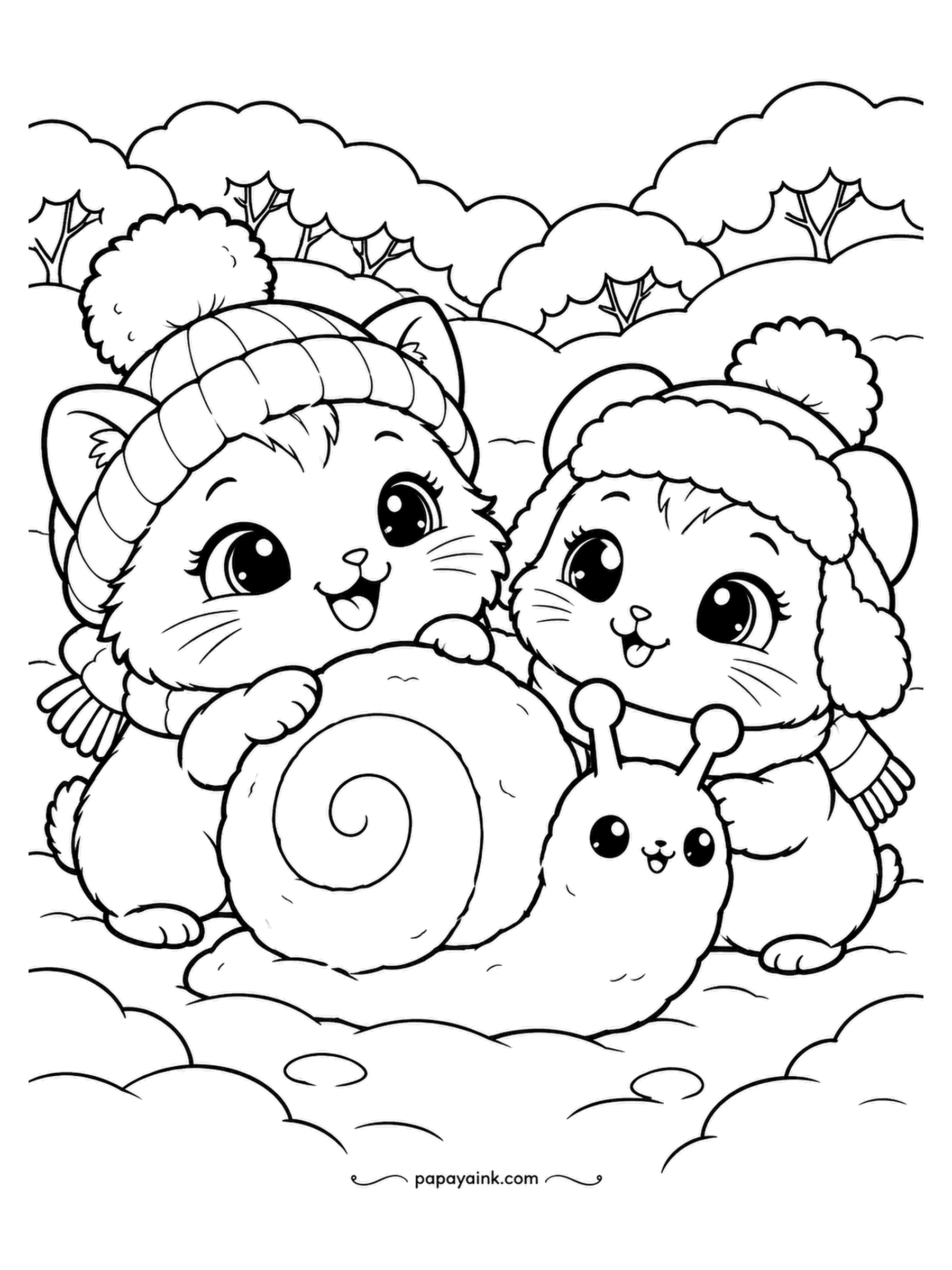 Kawaii Winter Coloring Pages - Building a snow snail is faster than building a snowman and nobody can tell you the shell is wrong. The kitten shapes the spiral, the bear cub adds the eye stalks. Add a faint spiral line in gray; the rest is snow.