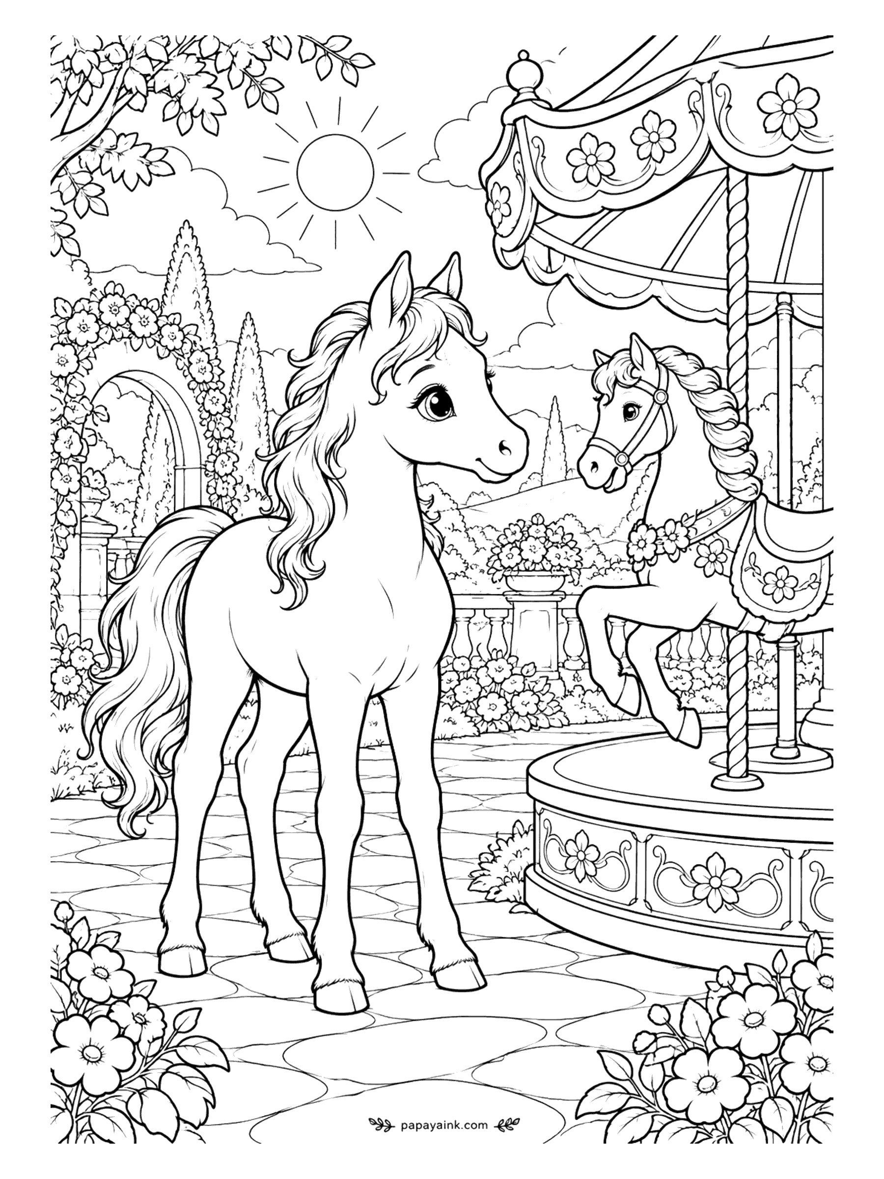 Cute Horse Coloring Pages - Carousel in the park. The foal has found a painted carousel horse on its pole, saddle and bridle included, and is sizing it up. Fairground colors for the ride, a plain coat for the real foal.