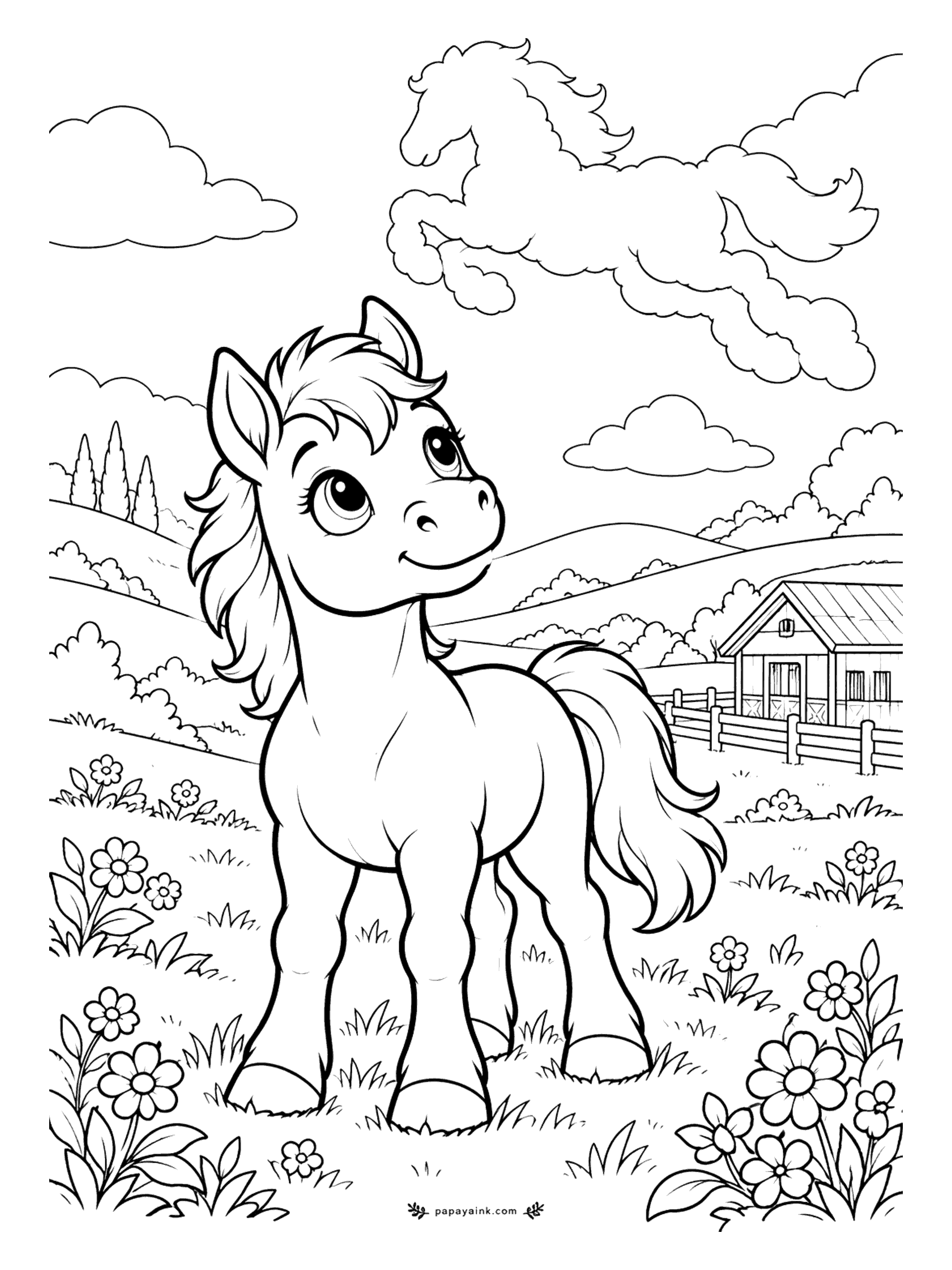 Cute Horse Coloring Pages - Look up: the cloud over the pasture has grown a mane and four legs. The foal grins at her sky double while a barn and fence sit small in the distance. Pale blue sky, white cloud - keep the outline soft.