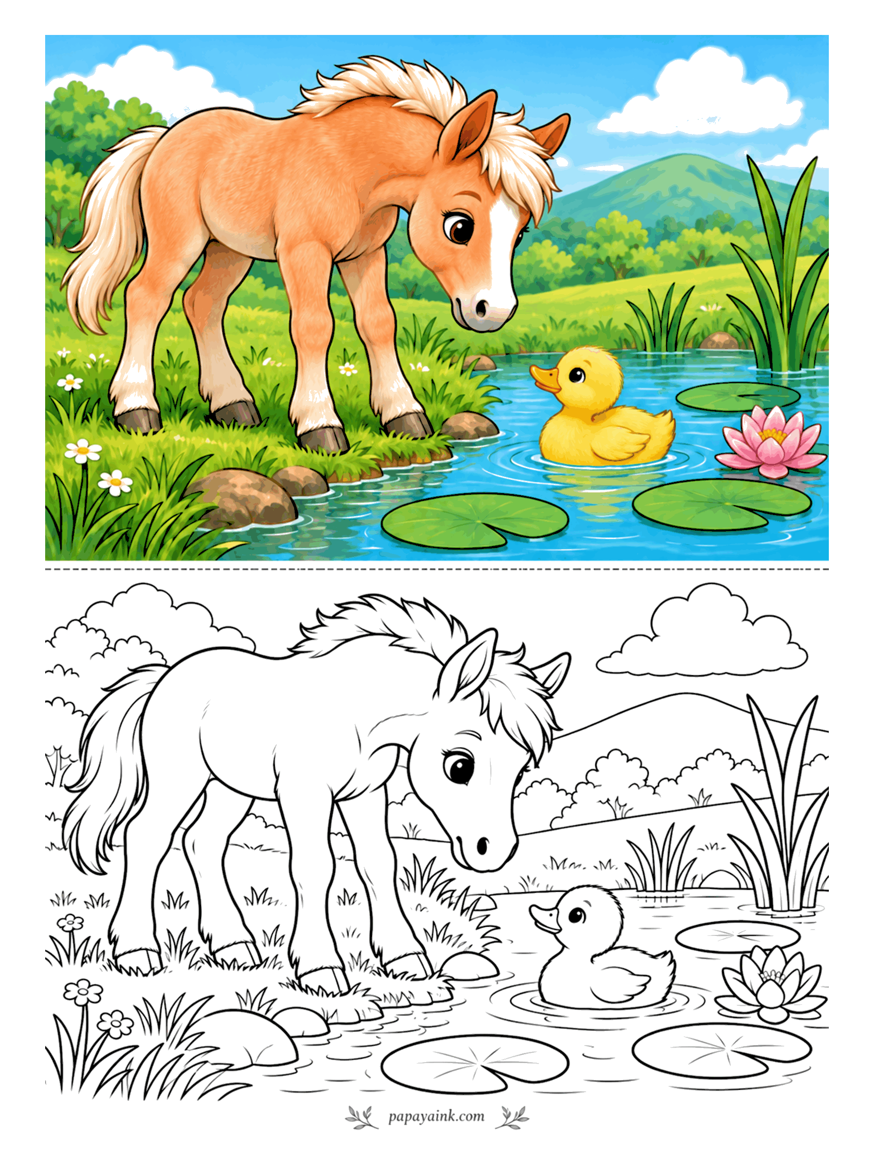 Cute Horse Coloring Pages - Introductions at the water's edge. A duckling paddles over as the foal lowers her nose to the pond's edge while lily pads and a water lily drift by and the hills roll on behind. Blue water, green pads, one yellow duck.