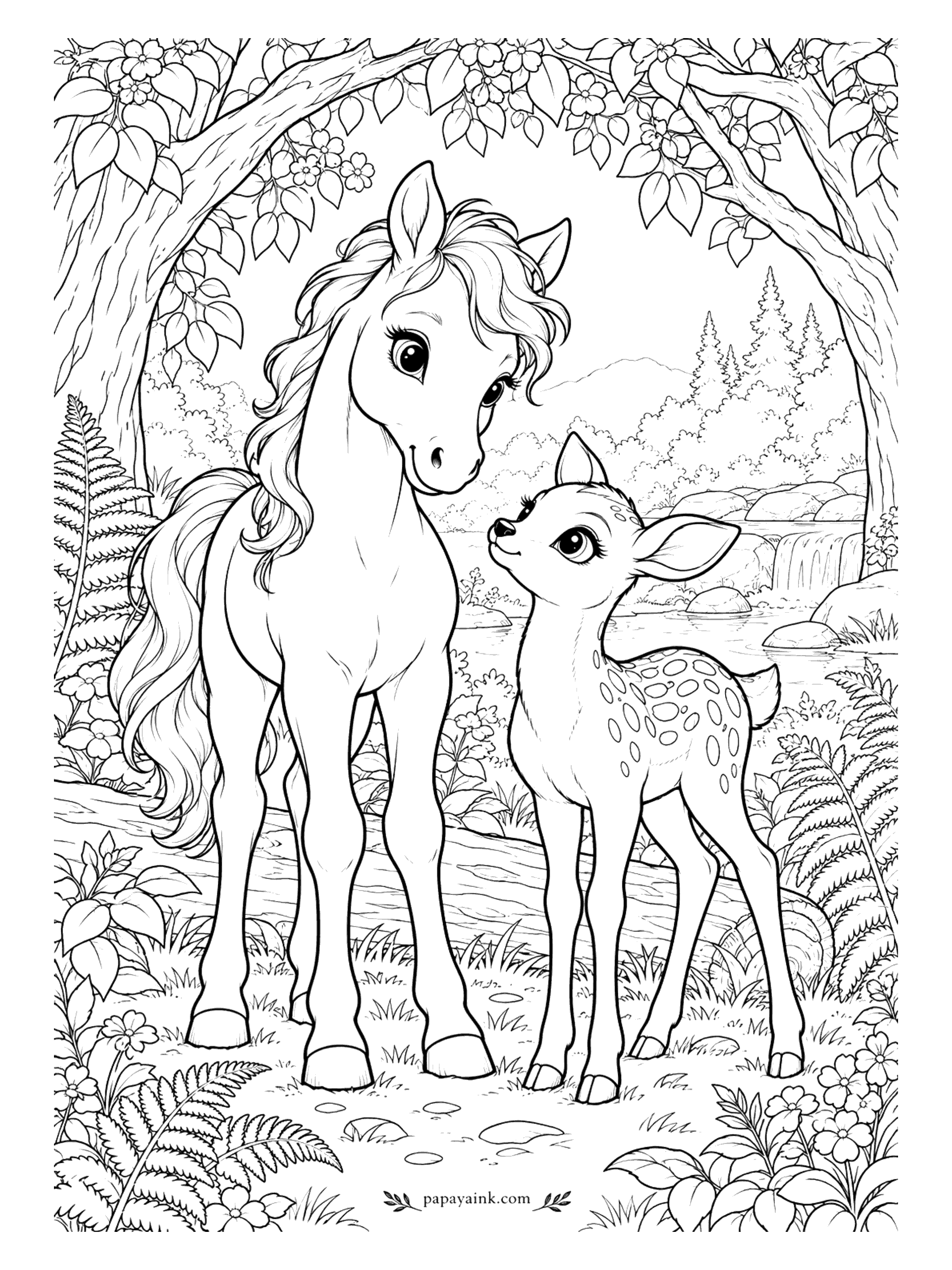 Cute Horse Coloring Pages - Forest friends under the arch of blossoming branches. The foal and a spotted fawn stand nose to nose on the path with a waterfall glinting beyond the ferns. Tan with white spots for the fawn.