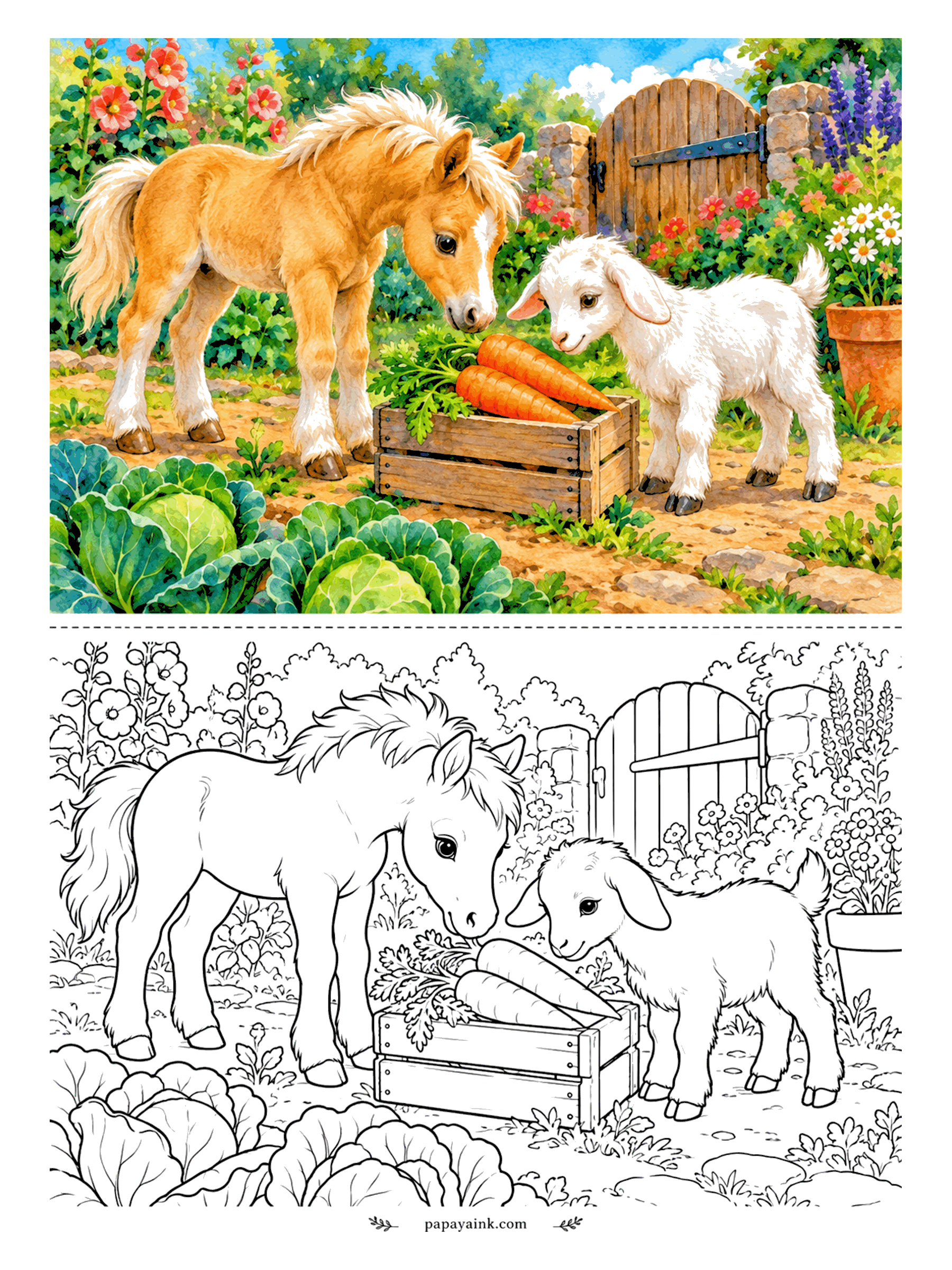 Cute Horse Coloring Pages - Crate of carrots, two takers. The foal and a kid goat go nose-first into the vegetable box between cabbages and the garden gate, each pretending the other is not there. Orange carrots first, then the greens.