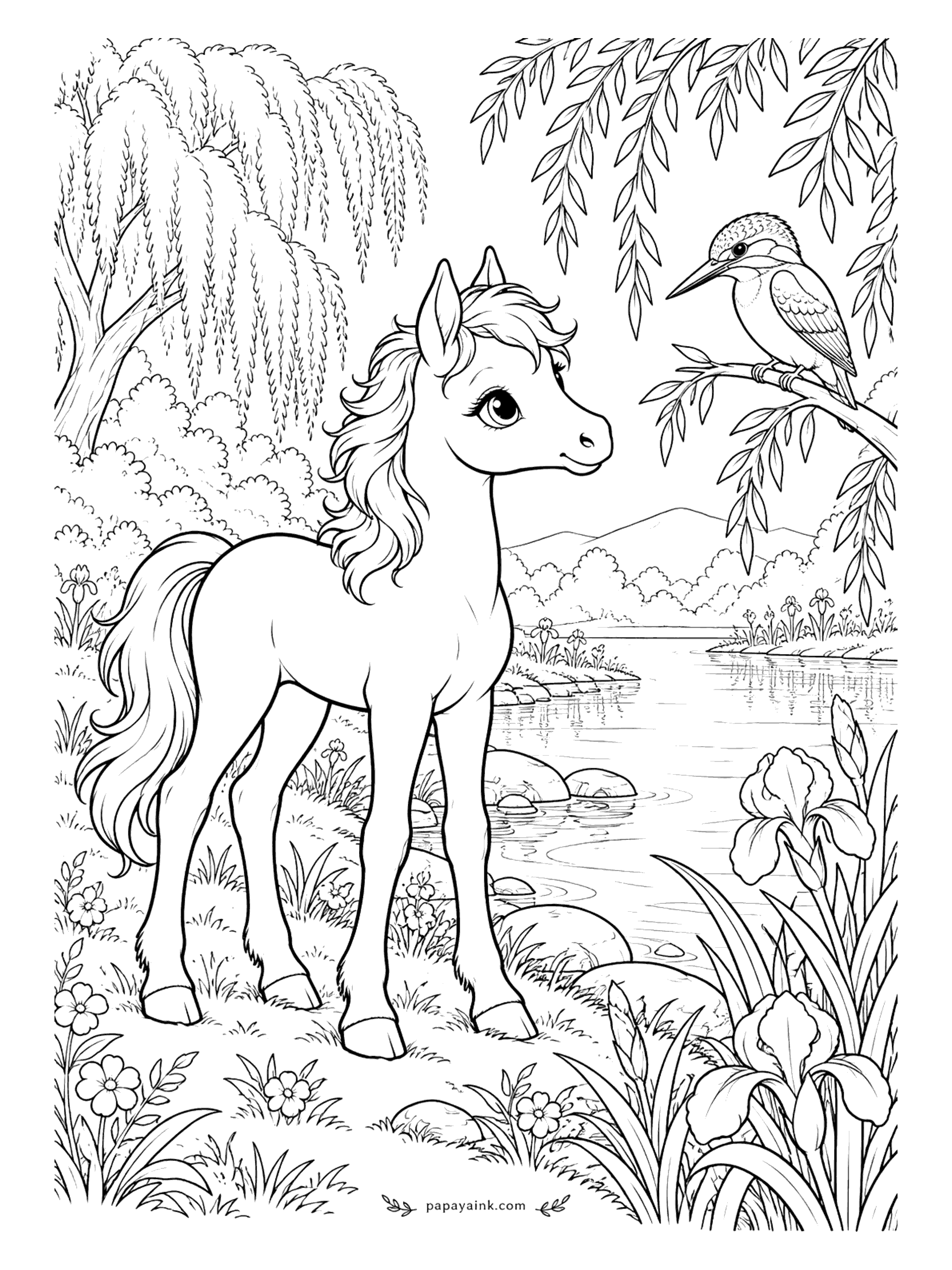Cute Horse Coloring Pages - River bend under the willows. A kingfisher watches from a low branch while the foal stands on the bank among irises, hills rolling away behind. Bright turquoise and orange for the bird, soft greens everywhere else.