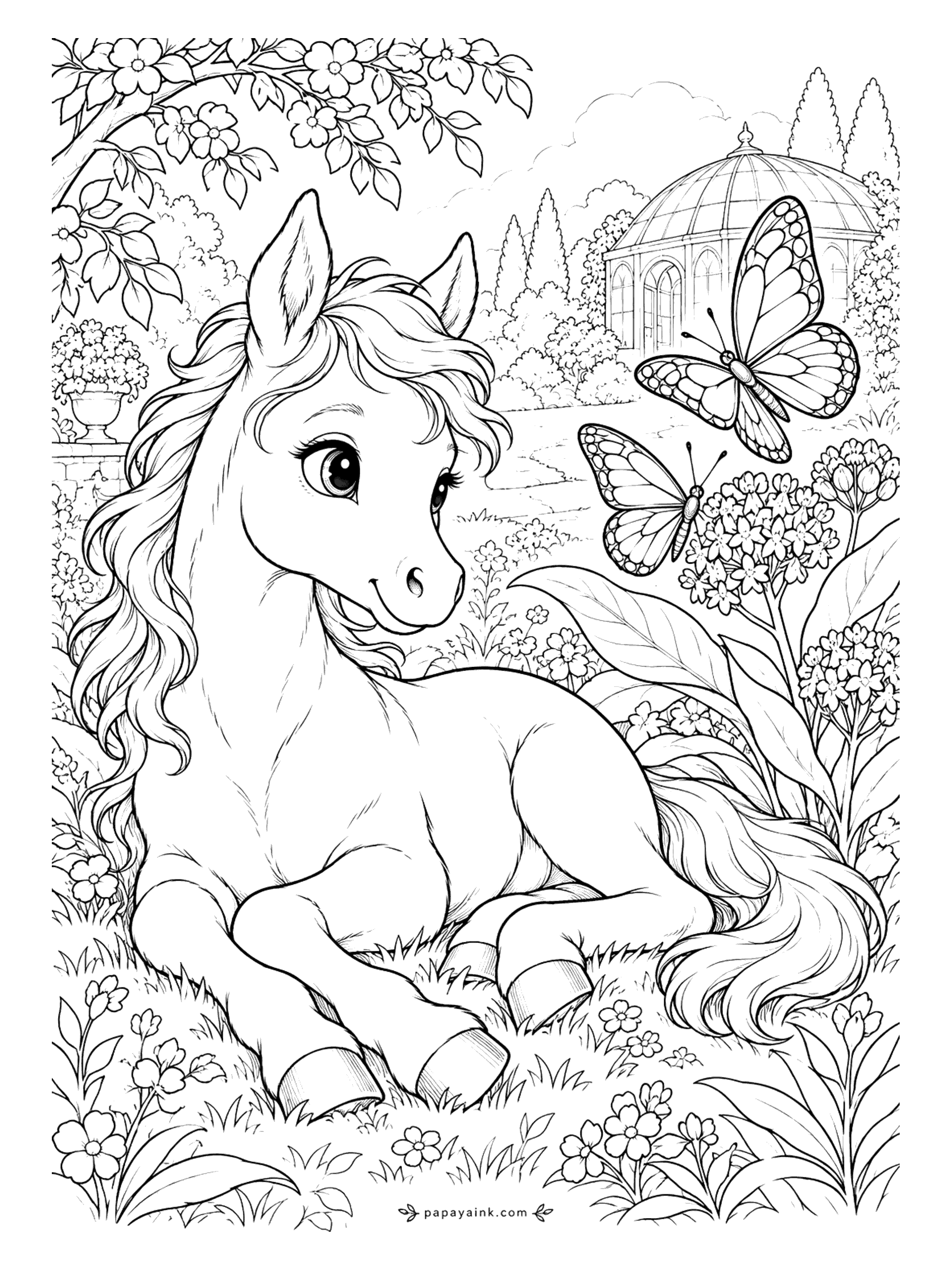 Cute Horse Coloring Pages - Monarchs in the garden. The foal lies among milkweed and lilies while two butterflies drift toward the glass conservatory behind. Orange wings with black veins - that is the whole secret of a monarch. Detailed.