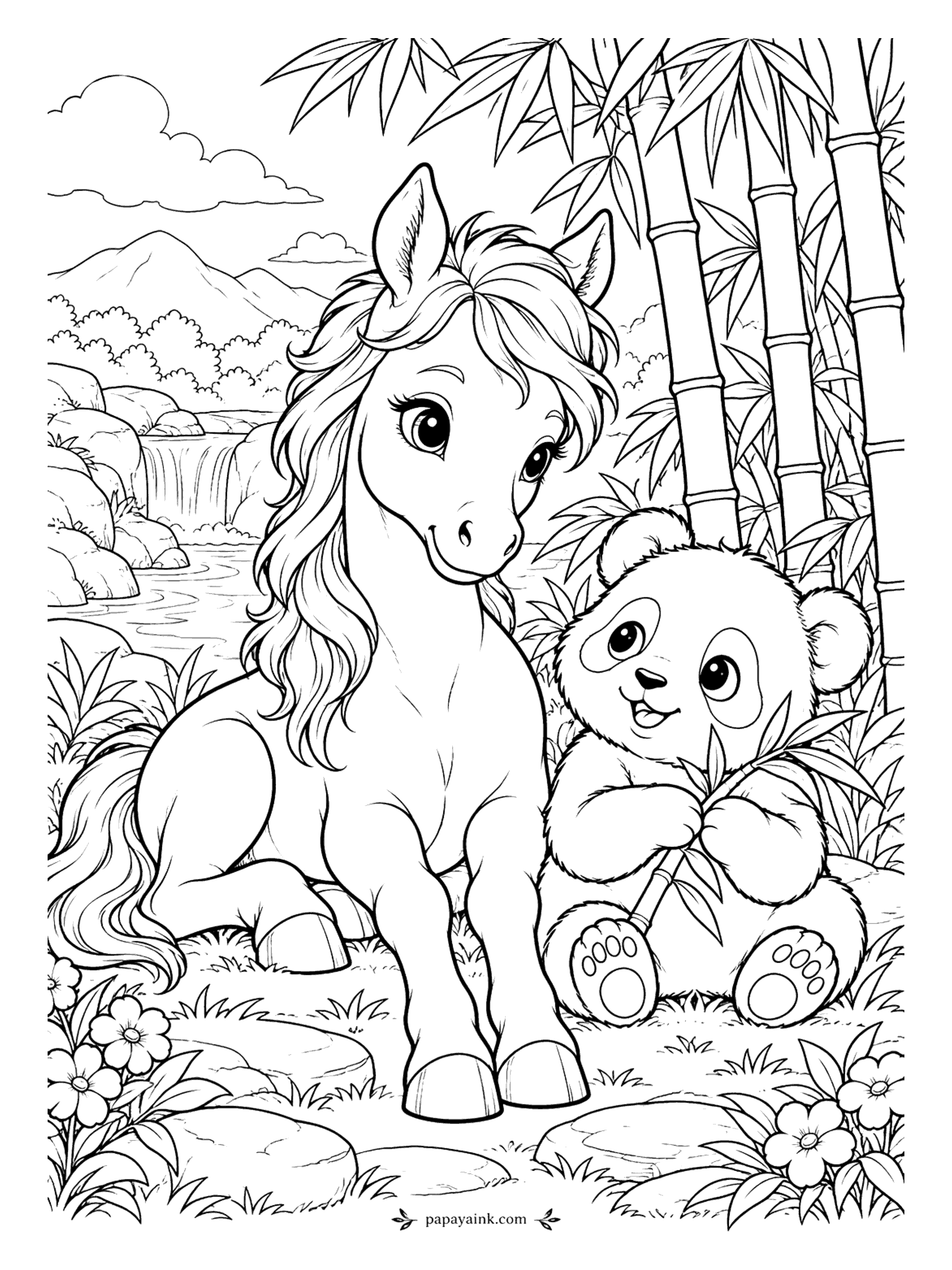 Cute Horse Coloring Pages - Bamboo grove with a panda cub chewing a stalk, and the foal settled down beside him while a waterfall tumbles through the hills behind. Black-and-white panda, green bamboo, and the foal in any coat you choose.