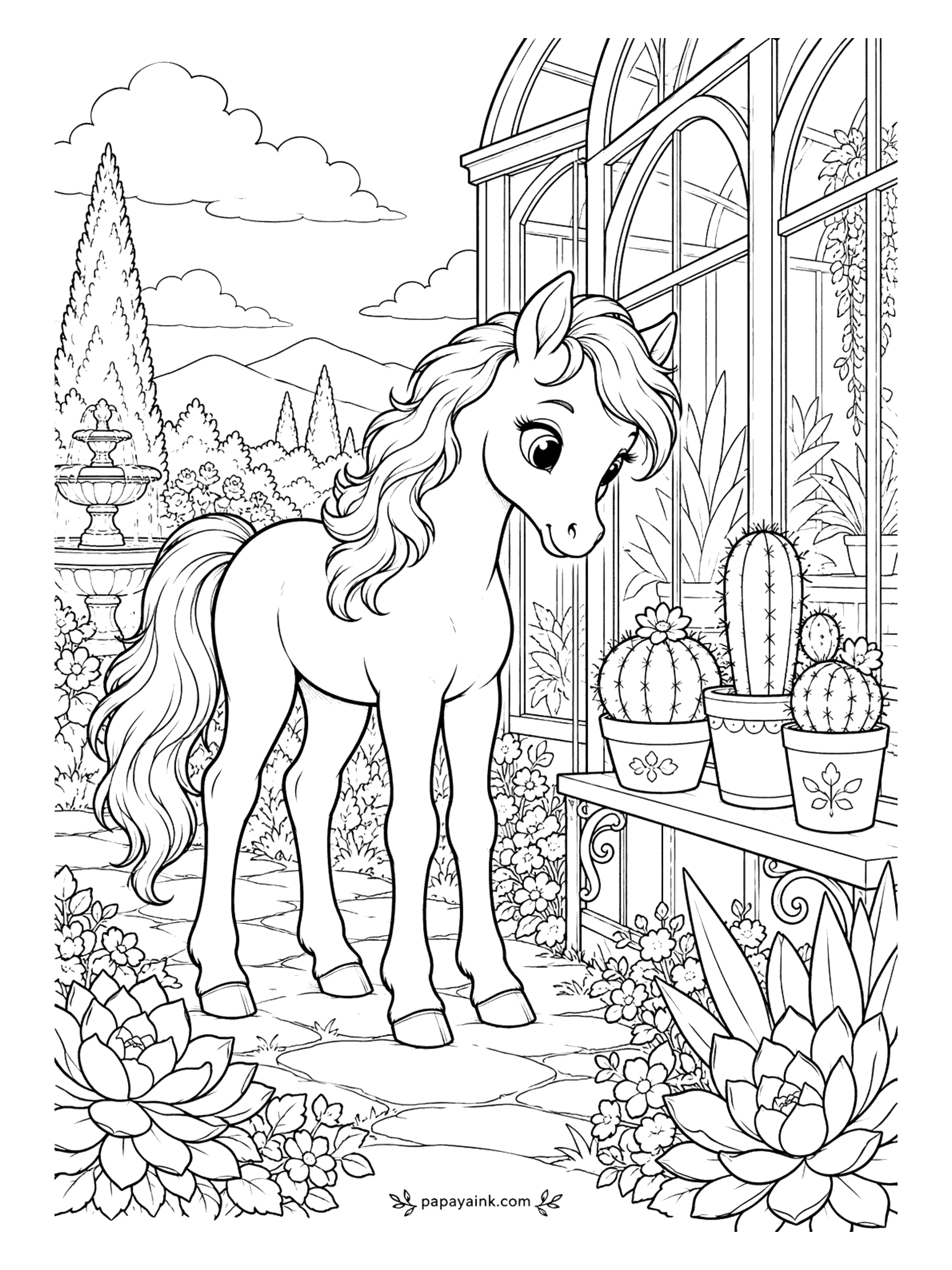 Cute Horse Coloring Pages - Greenhouse morning. The foal has stopped by a bench of potted cacti - a round one in bloom, a tall one, a small one - with a fountain and cypresses outside the glass. Rosettes of succulents frame the bottom corners.