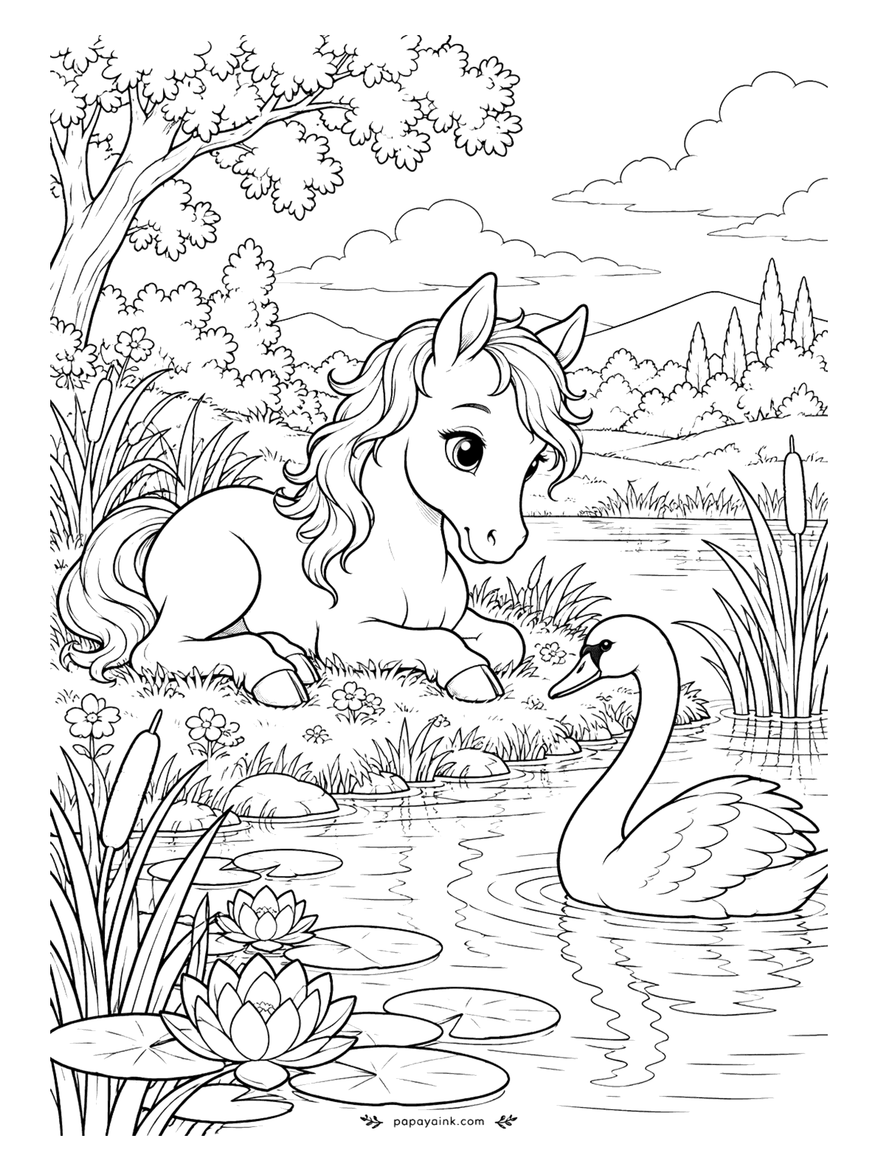 Cute Horse Coloring Pages - Swan at the water's edge. The foal lies on the bank while a swan glides in close among the cattails and water lilies. White swan, white water lilies - so put the color into the water and reeds.