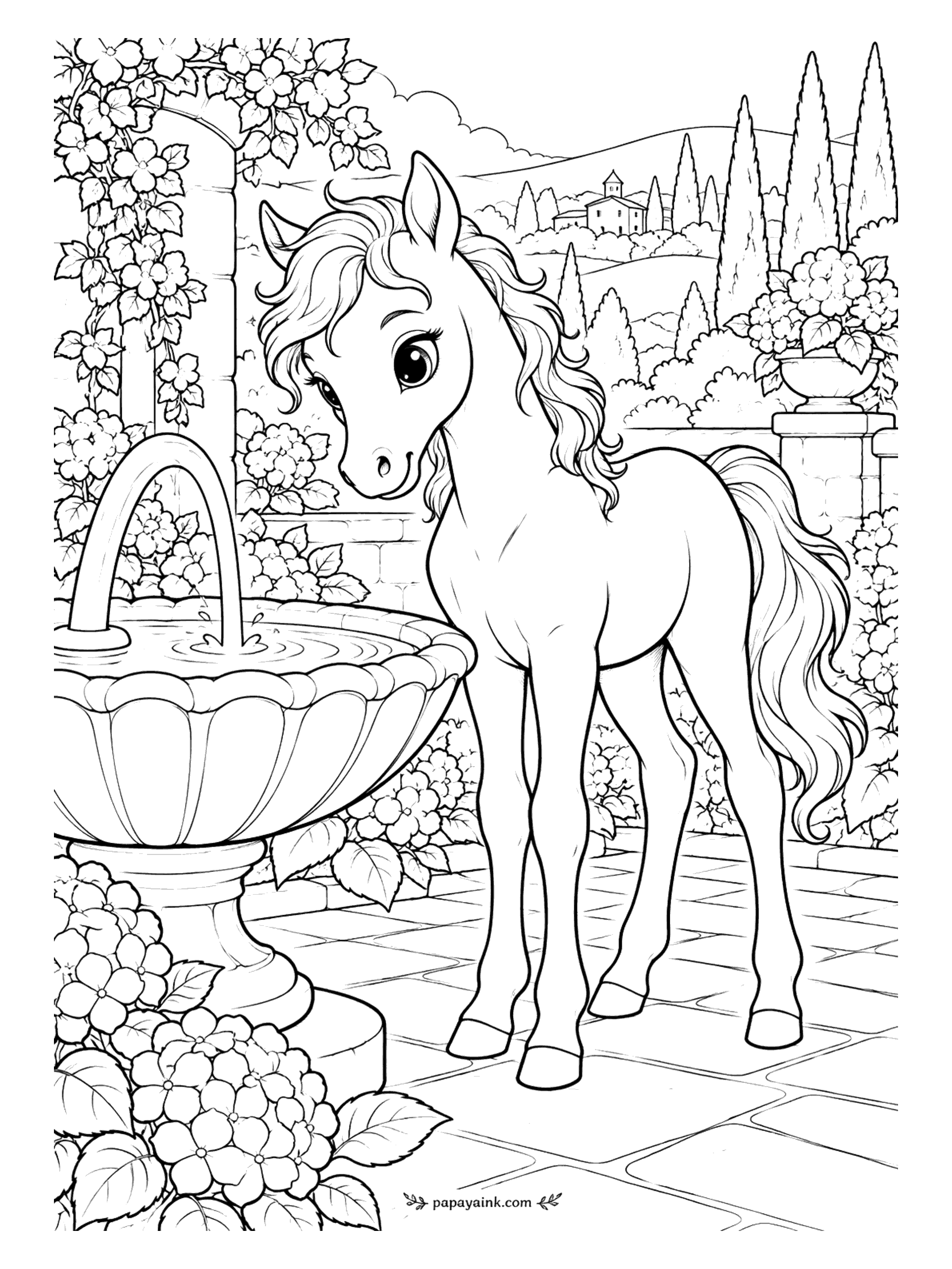Cute Horse Coloring Pages - Shell fountain on the terrace. Water spills into a scalloped stone basin, the foal watching from the hydrangea border with a hill town in the distance. Stone greys and blue water - keep the foal light. Detailed.