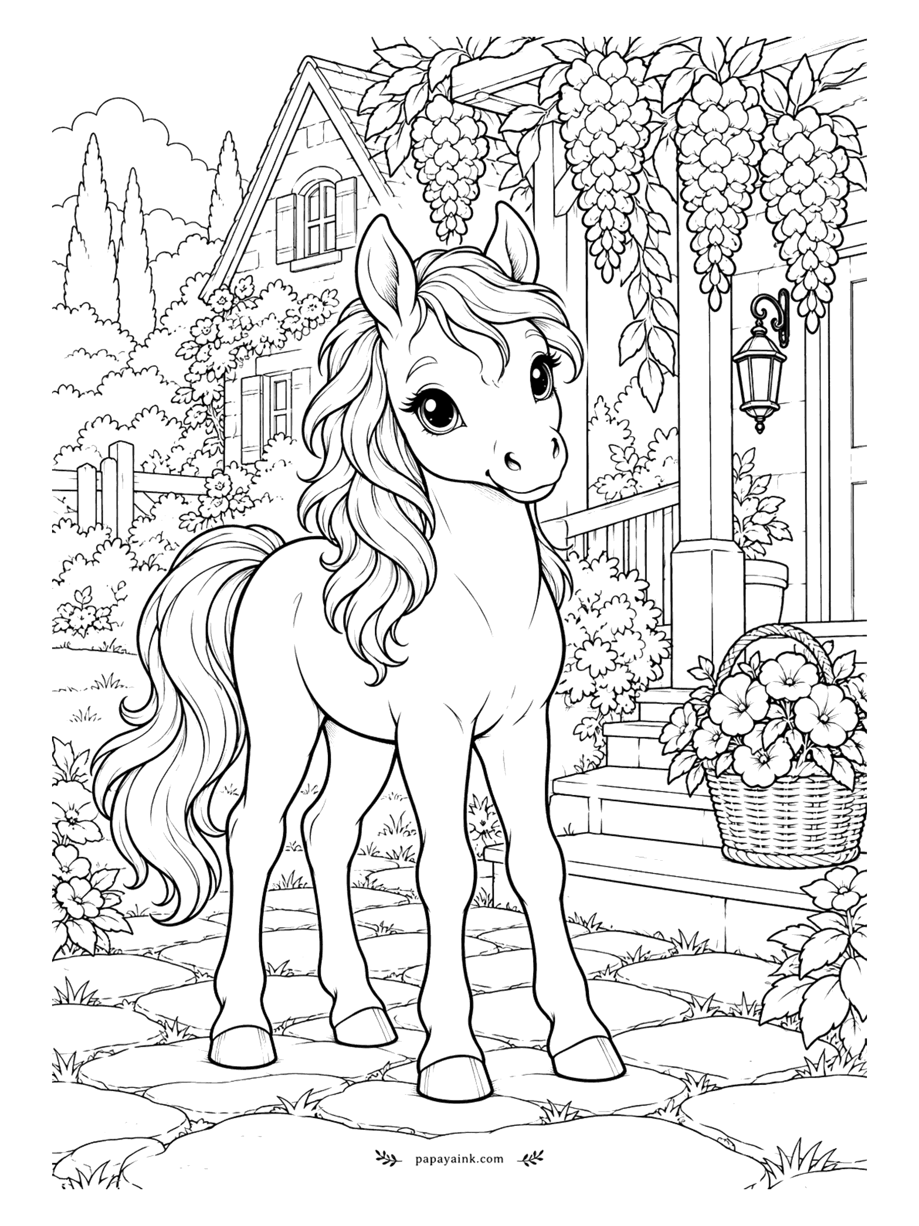 Cute Horse Coloring Pages - Wisteria porch. Cottage steps, hanging purple clusters overhead, a basket of petunias on the stair - and the foal waiting for someone to come out. Lilac for the wisteria, a warm wood for the porch, and a lantern to glow. Detailed.
