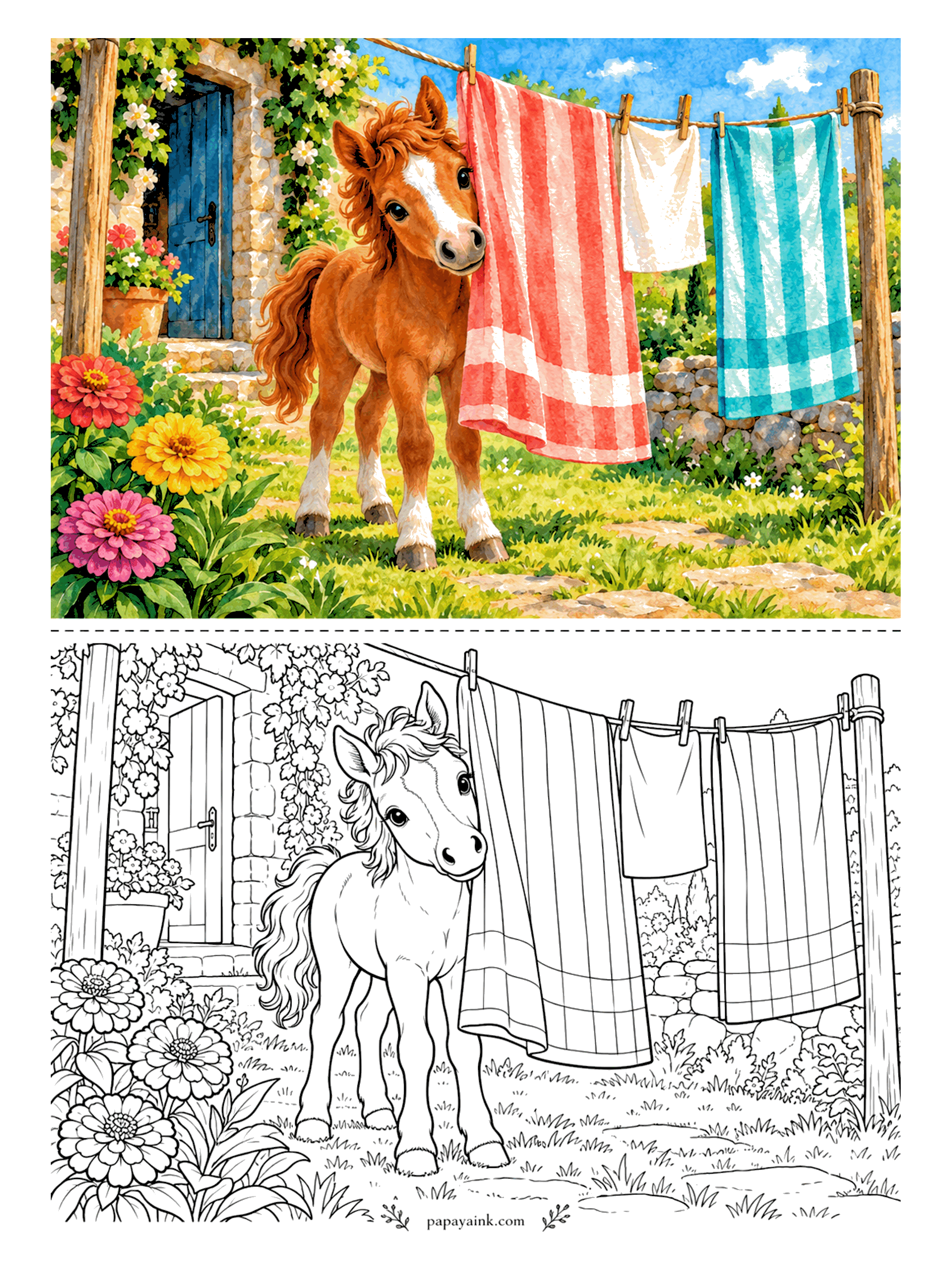 Cute Horse Coloring Pages - Hide and seek at the washing line. A chestnut foal peeks out between a striped towel and a checked one, flowers in bloom by the cottage door. Stripes and checks give you two patterns to play with.