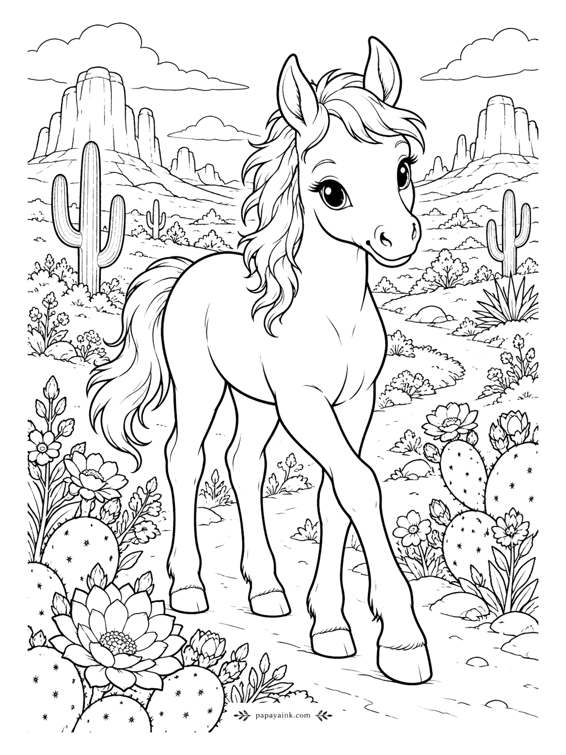 Cute Horse Coloring Pages - Canyon country. The foal stands among saguaros and prickly pears with sandstone mesas on the horizon. Try a sunset sky in orange and violet, and give each cactus flower a different pink or yellow.