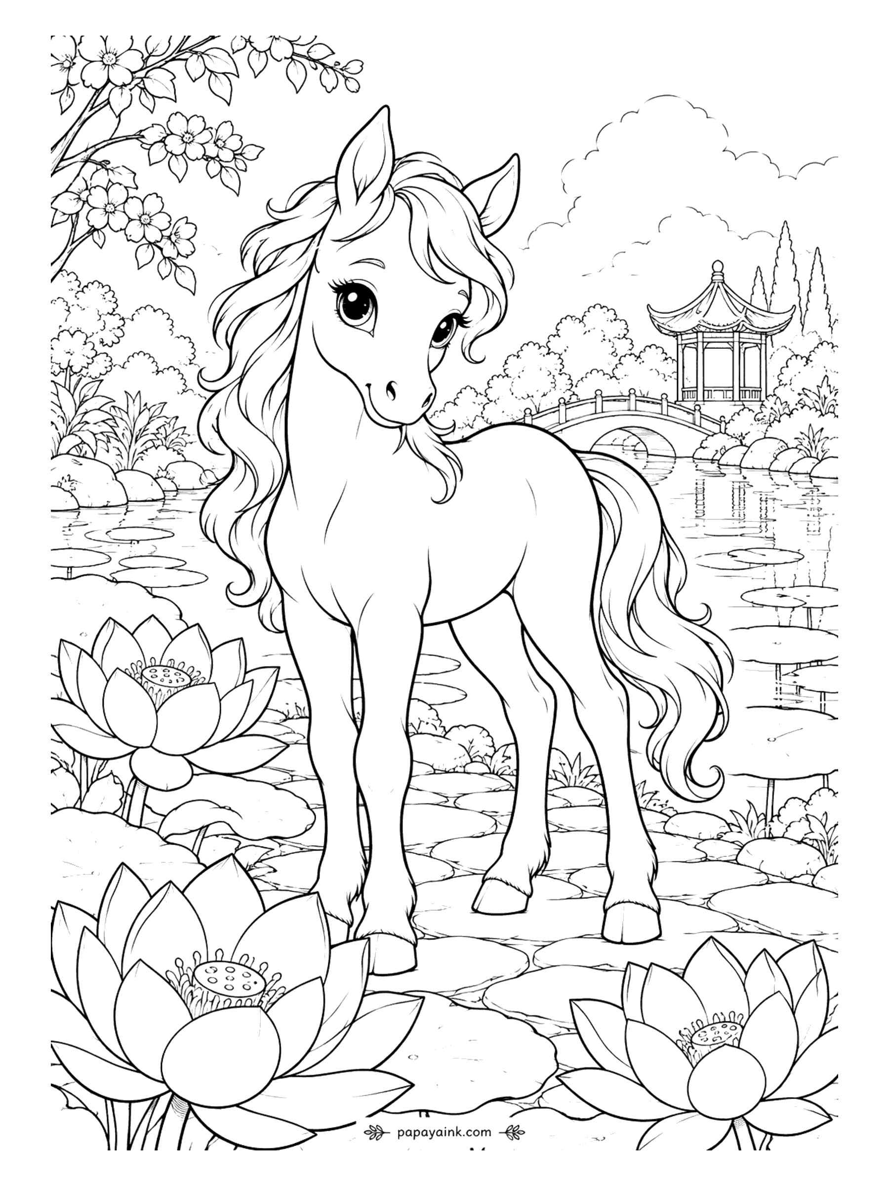 Cute Horse Coloring Pages - Lotus garden with a pagoda. Stepping stones lead the foal between open lotus blooms, with a bridge and a pavilion across the pond. Dense petals and lily pads - one for a long evening. Detailed.