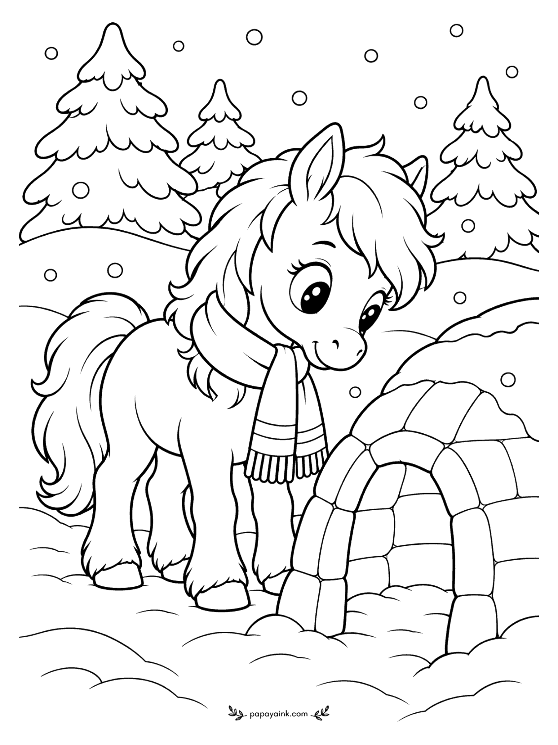Cute Horse Coloring Pages - Scarf on, igloo inspected. A fluffy foal stands in the snow between two firs while flakes come down, the scarf ends fringed and swinging. Leave most of the page white and let the scarf carry the color.