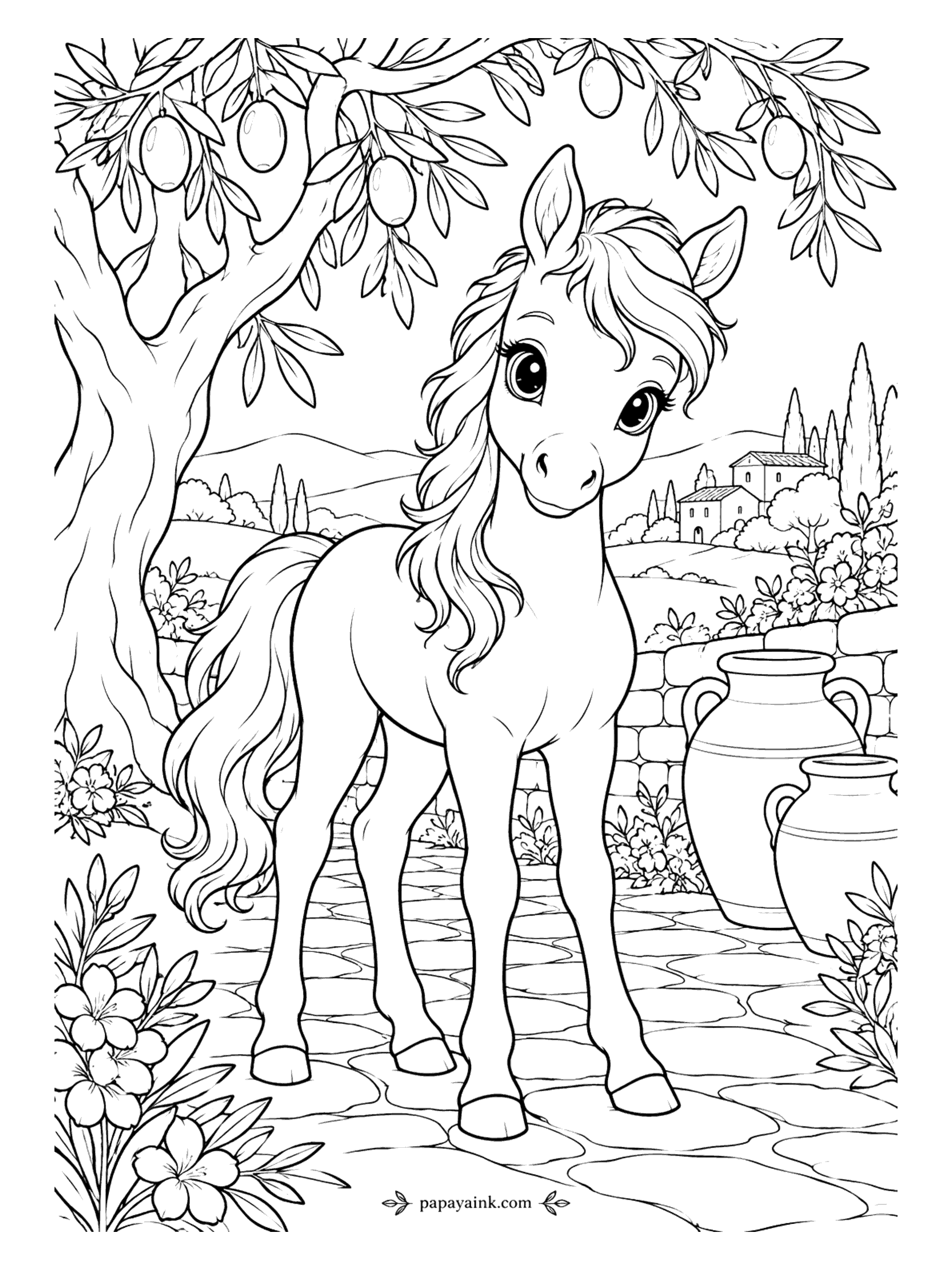 Cute Horse Coloring Pages - Olive grove on a hillside. Under a gnarled olive tree, with clay urns, a stone wall and a village church below. Silver-green leaves, terracotta pots, a Mediterranean blue sky.