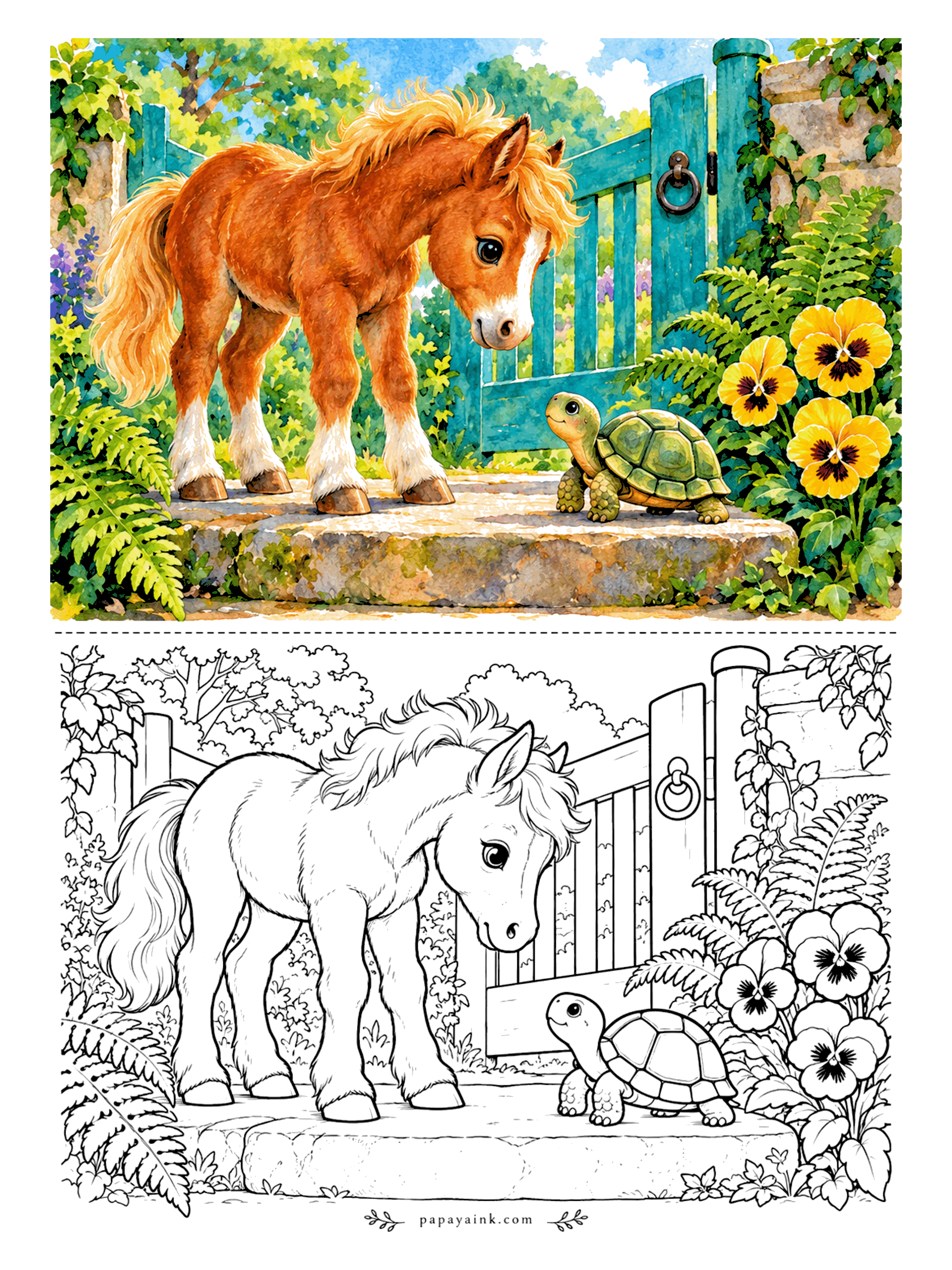 Cute Horse Coloring Pages - Gate meeting on the flagstones. A tortoise has stopped and the foal has leaned all the way down to say hello, yellow pansies watching from the border. Patterned shell, teal gate, warm stone.