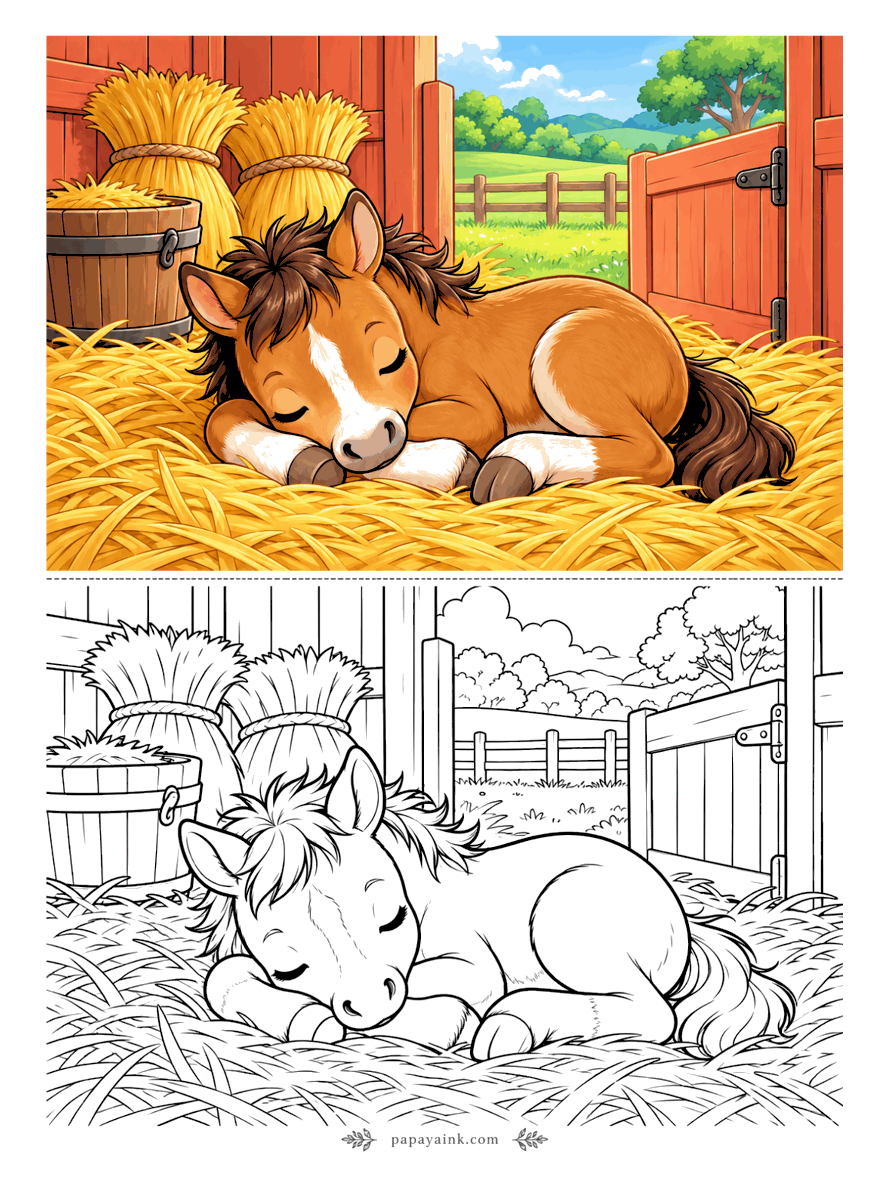 Cute Horse Coloring Pages - Barn-quiet. A foal has curled up in a drift of straw between the hay bundles and the water bucket, eyes shut, one hoof tucked under. Yellows and warm browns will do most of the work here.