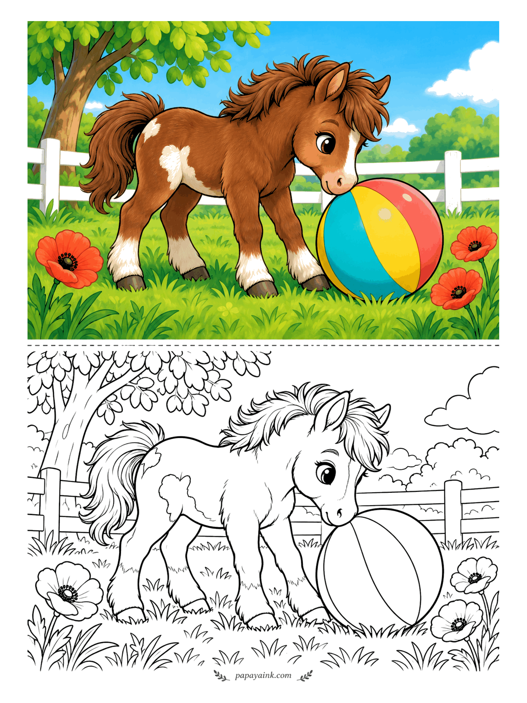 Cute Horse Coloring Pages - The striped ball is bigger than his head, and the pinto foal is pushing it anyway. Poppies lean in from both sides and the fence runs behind. Color each stripe differently - the ball is the center of the picture.