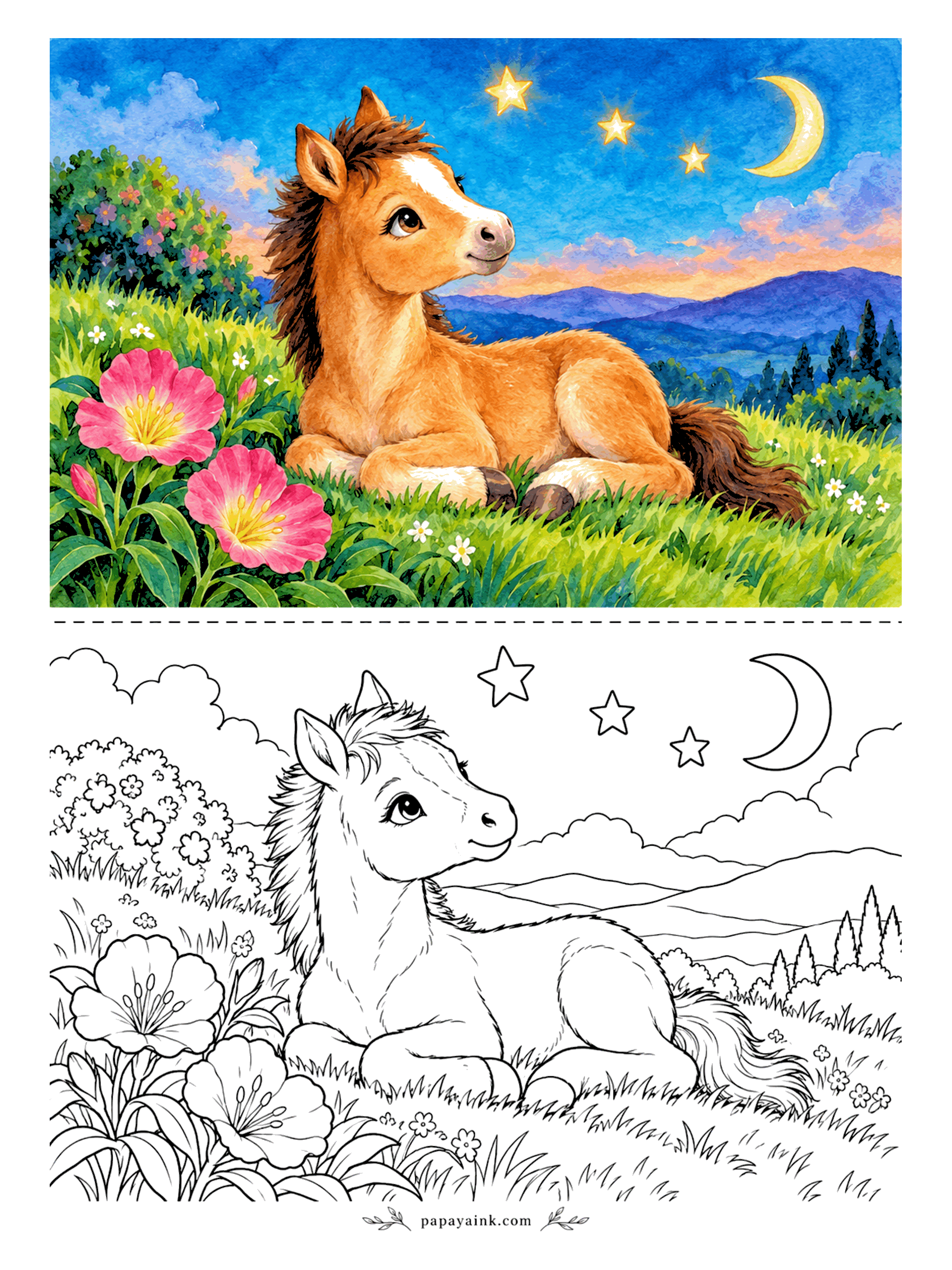 Cute Horse Coloring Pages - Resting under a crescent moon as the sky turns from orange to deep blue over the hills. The foal lies in the grass beside pink evening primroses. Blend the sunset carefully - this one rewards a slow hand.