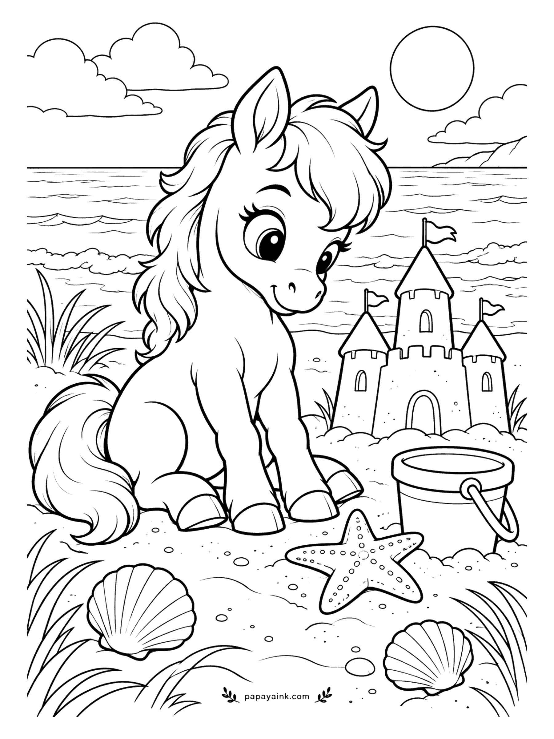 Cute Horse Coloring Pages - Sandcastle finished, flags up, builder sitting back to admire it. Bucket, starfish and shells are scattered around the foal's hooves and the sun sits over the water. Try a sunset sky in oranges and pinks.