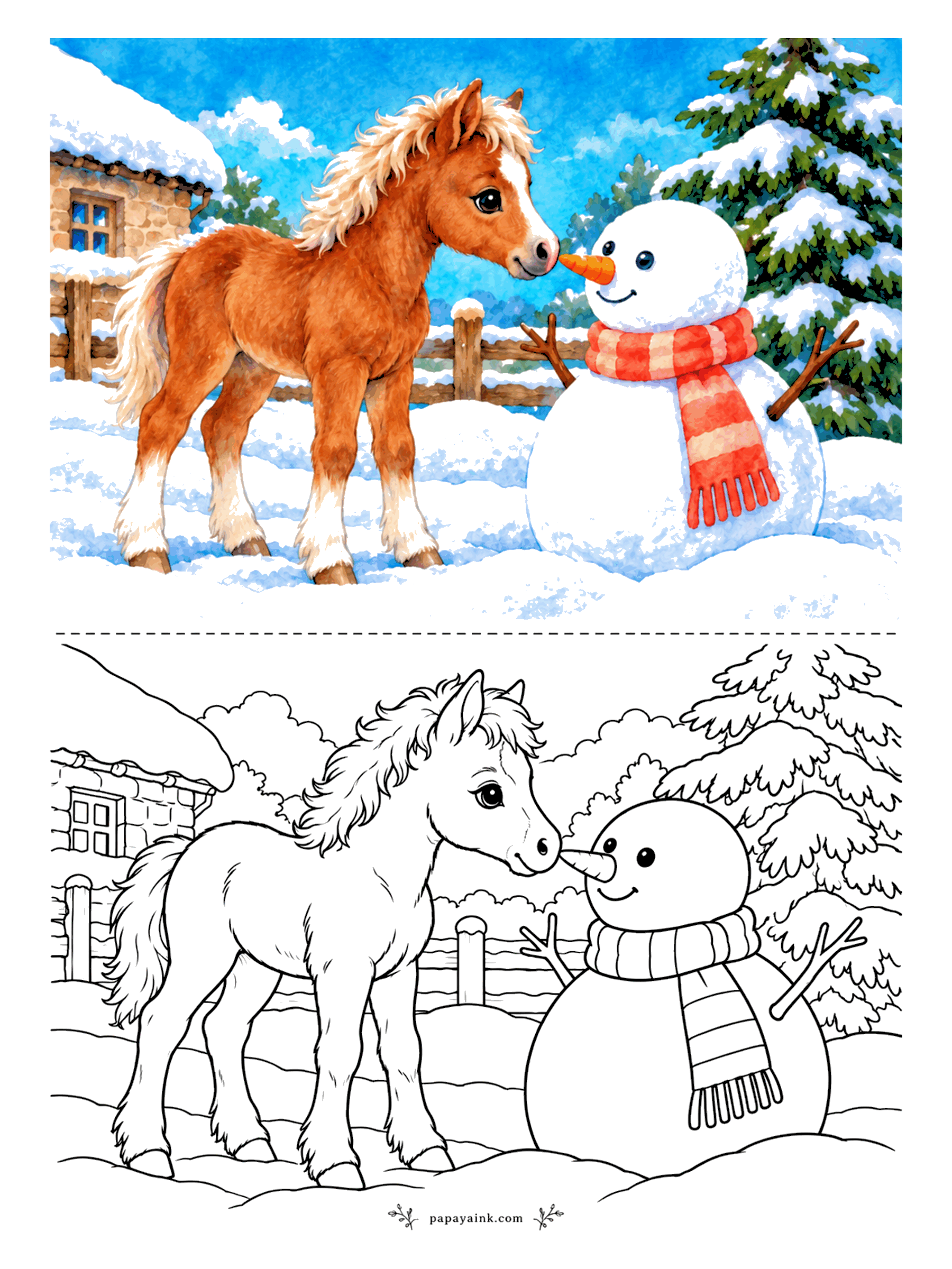 Cute Horse Coloring Pages - The snowman is losing his carrot nose, and the foal looks very pleased about it. Snow-covered firs, a stone cottage and a striped scarf fill out the scene. Keep the snow white and give the scarf the color.