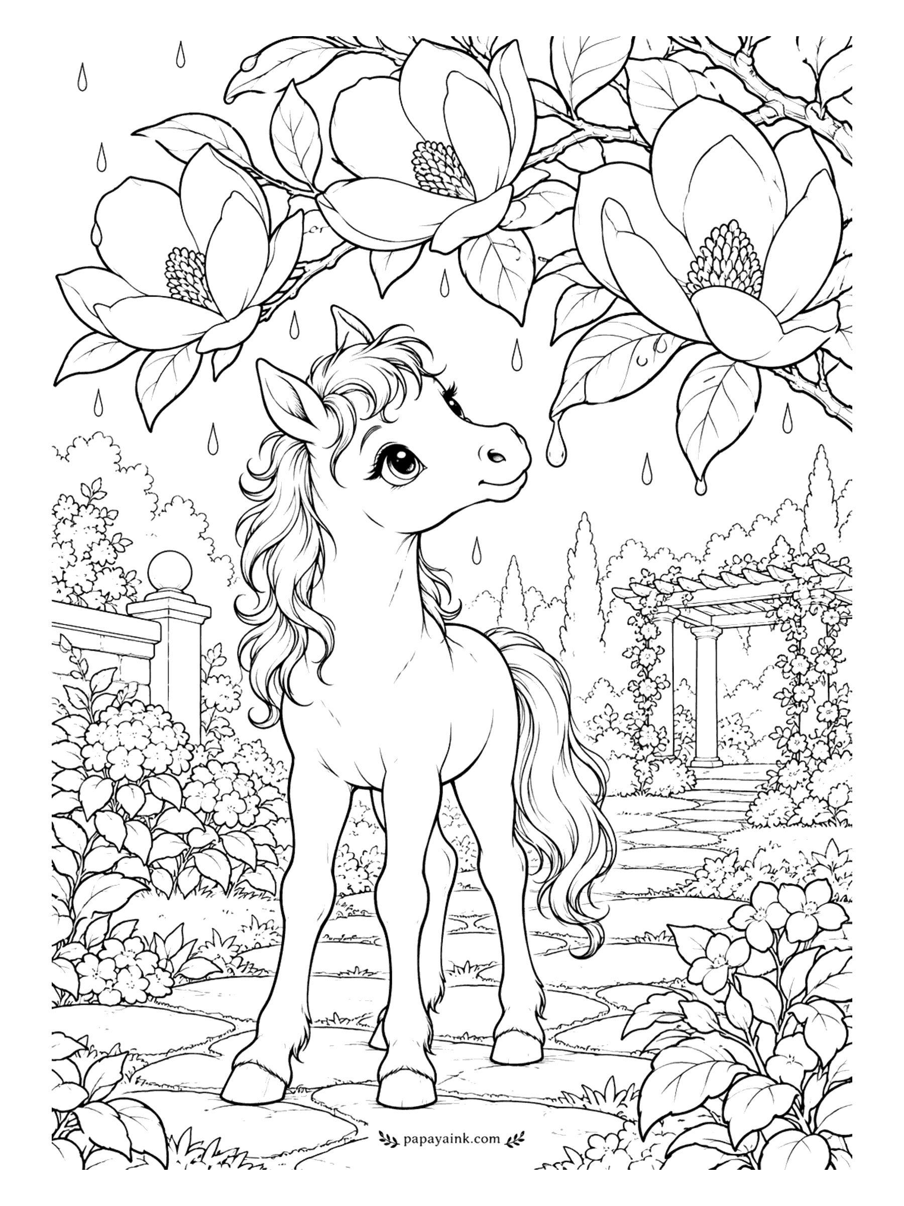 Cute Horse Coloring Pages - Magnolia in the rain. Big blooms hang over the foal's head and drops are still falling, with a pergola and a garden gate visible down the path. Pale pink petals, dark branches, and a few drops left white.