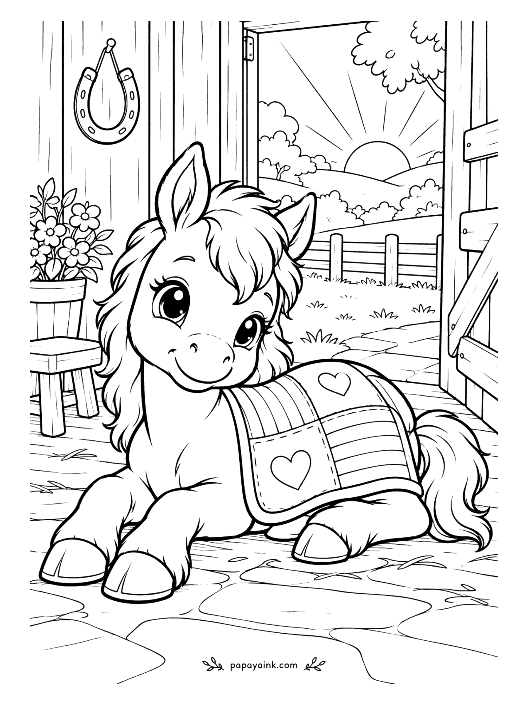 Cute Horse Coloring Pages - Tucked under a patchwork quilt in the open stable doorway, hearts stitched into the squares, with the sunrise coming over the hills outside. Every patch can be a different color - a good page for using up pencil stubs.
