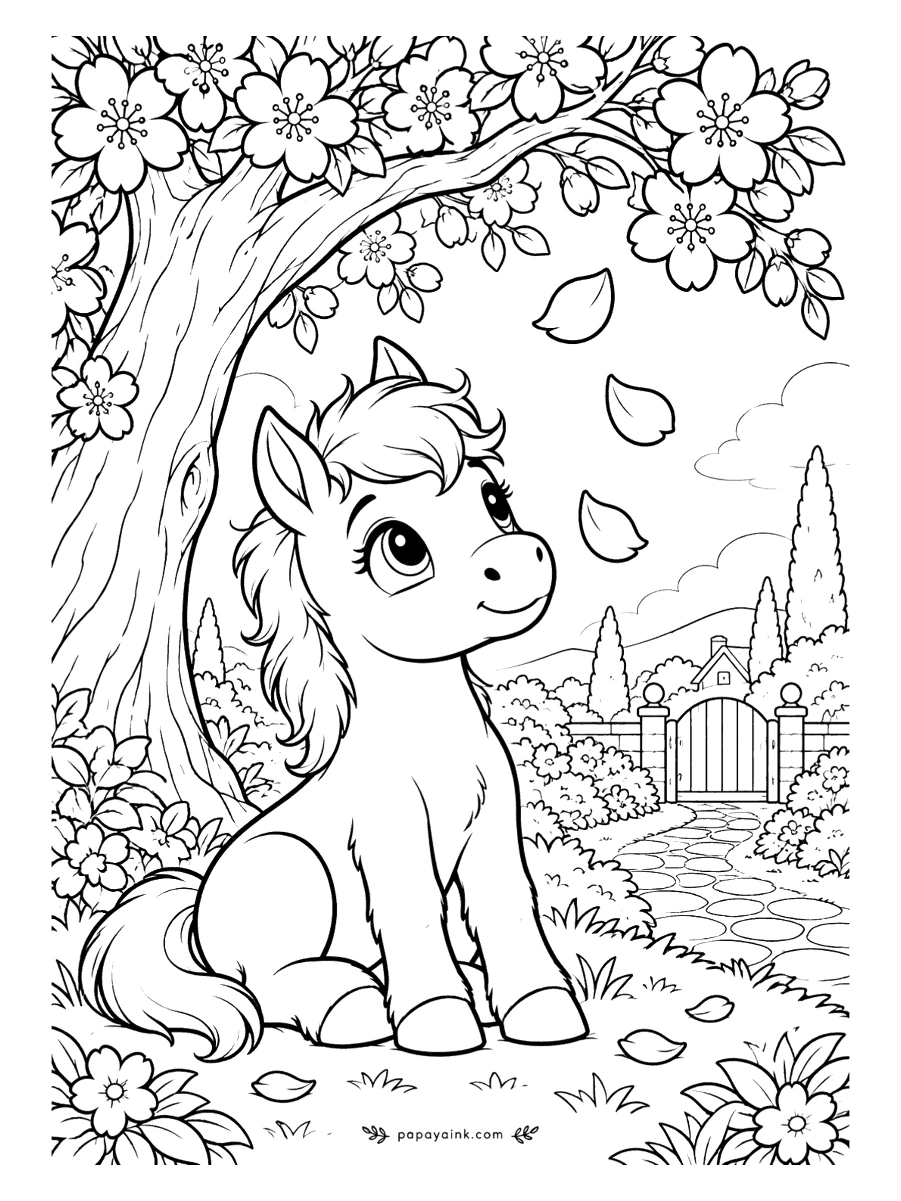 Cute Horse Coloring Pages - Petals falling from the orchard tree and a foal sitting right under them, watching each one land. A garden gate and a stone path lead off behind. Pink blossoms against a brown trunk - Detailed.