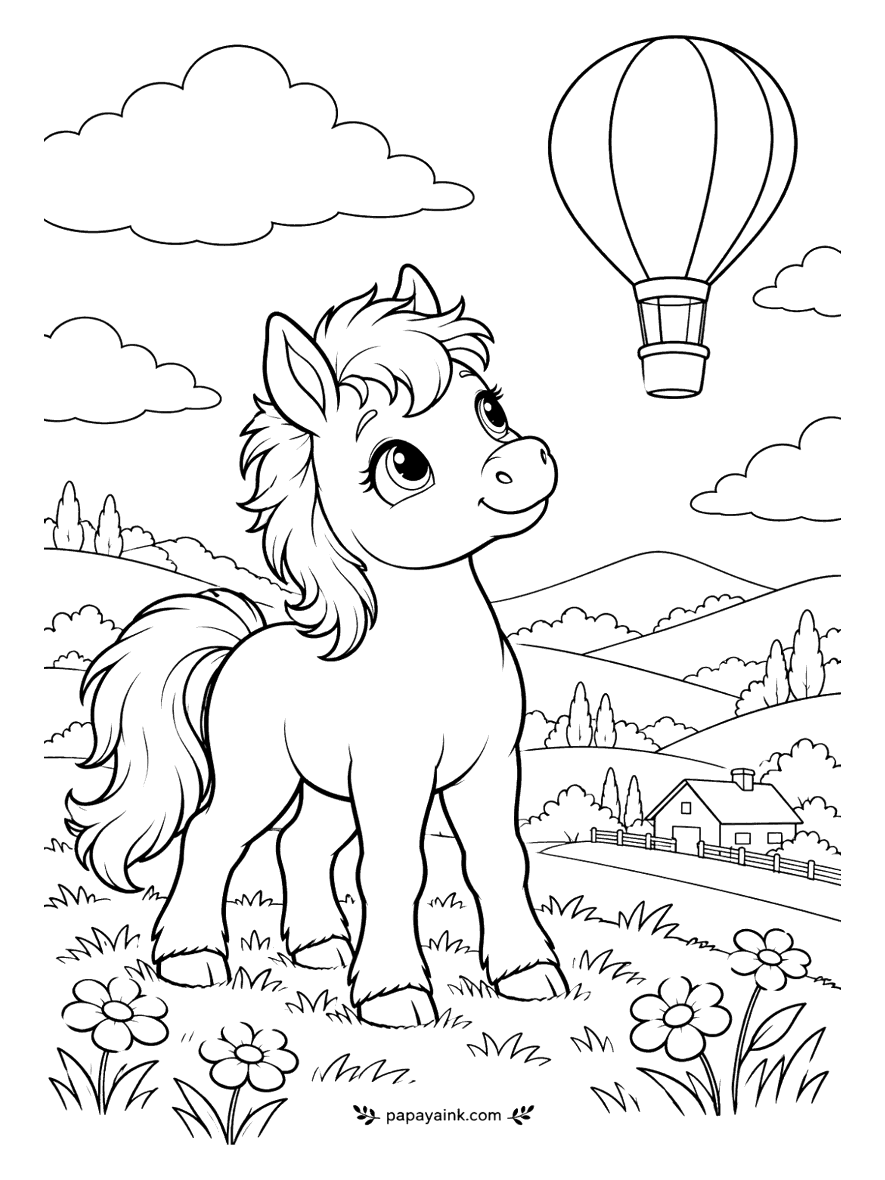 Cute Horse Coloring Pages - A striped hot-air balloon drifts over the valley and the foal has stopped to watch it go. Rolling hills, a farmhouse and a fence line fill the distance. Give the balloon the loudest stripes you own.