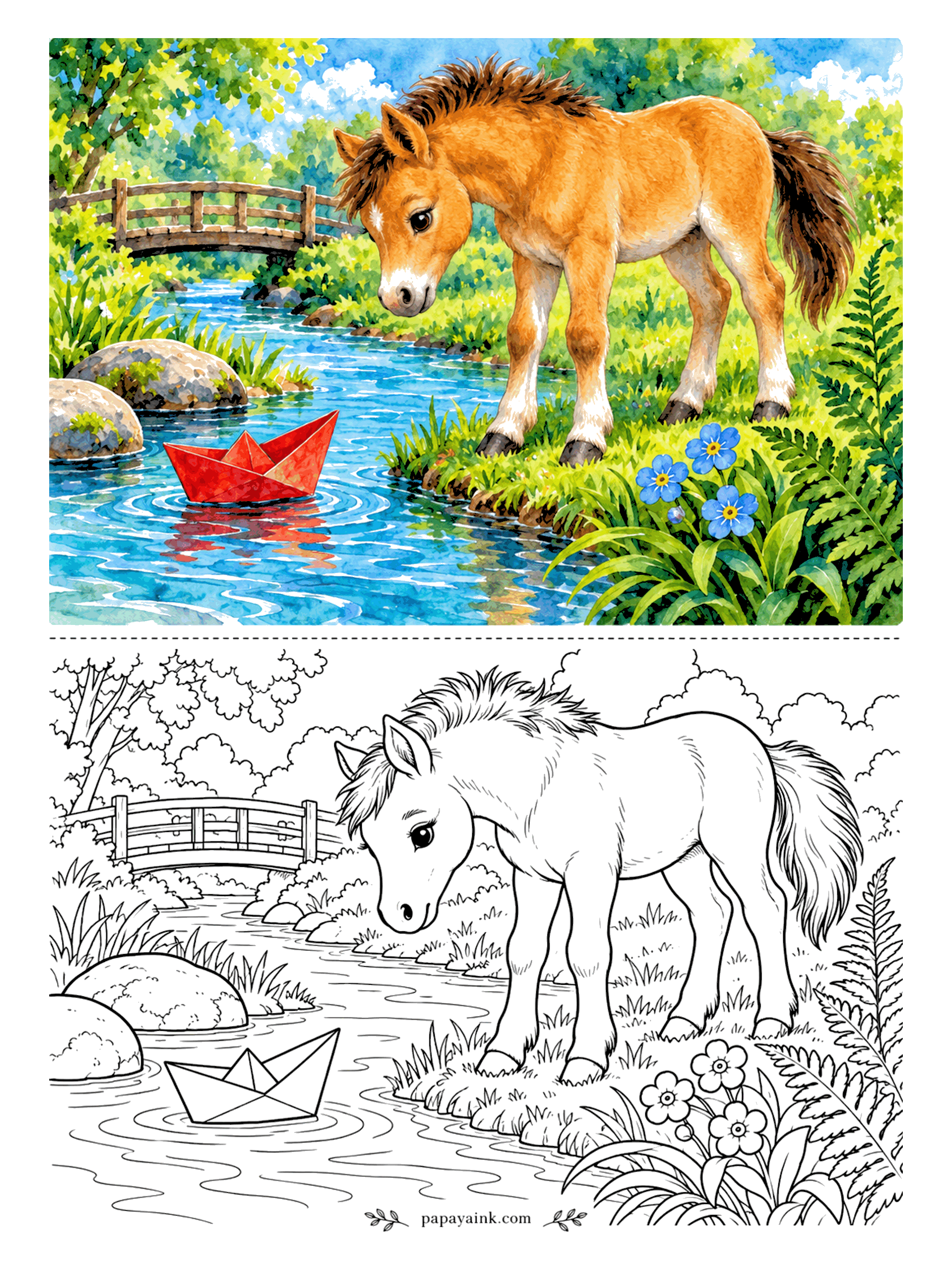 Cute Horse Coloring Pages - Paper boat on the creek, and the foal is following it along the bank. The footbridge arches behind, ferns and forget-me-nots crowd the edge. Blue water, one red boat - the only sharp color on the page.