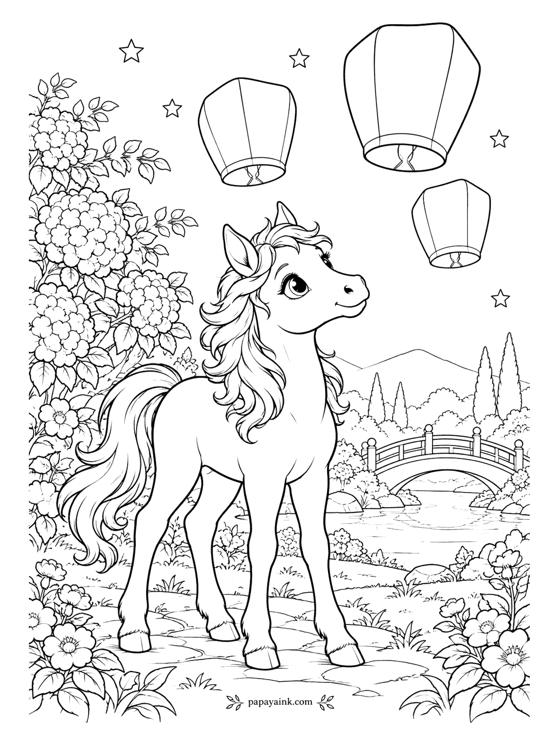 Cute Horse Coloring Pages - Lanterns rising into the evening. The foal looks up at three paper lanterns drifting over the bridge and the hydrangeas. Warm yellow for each lantern, then a dark blue sky to make them glow.