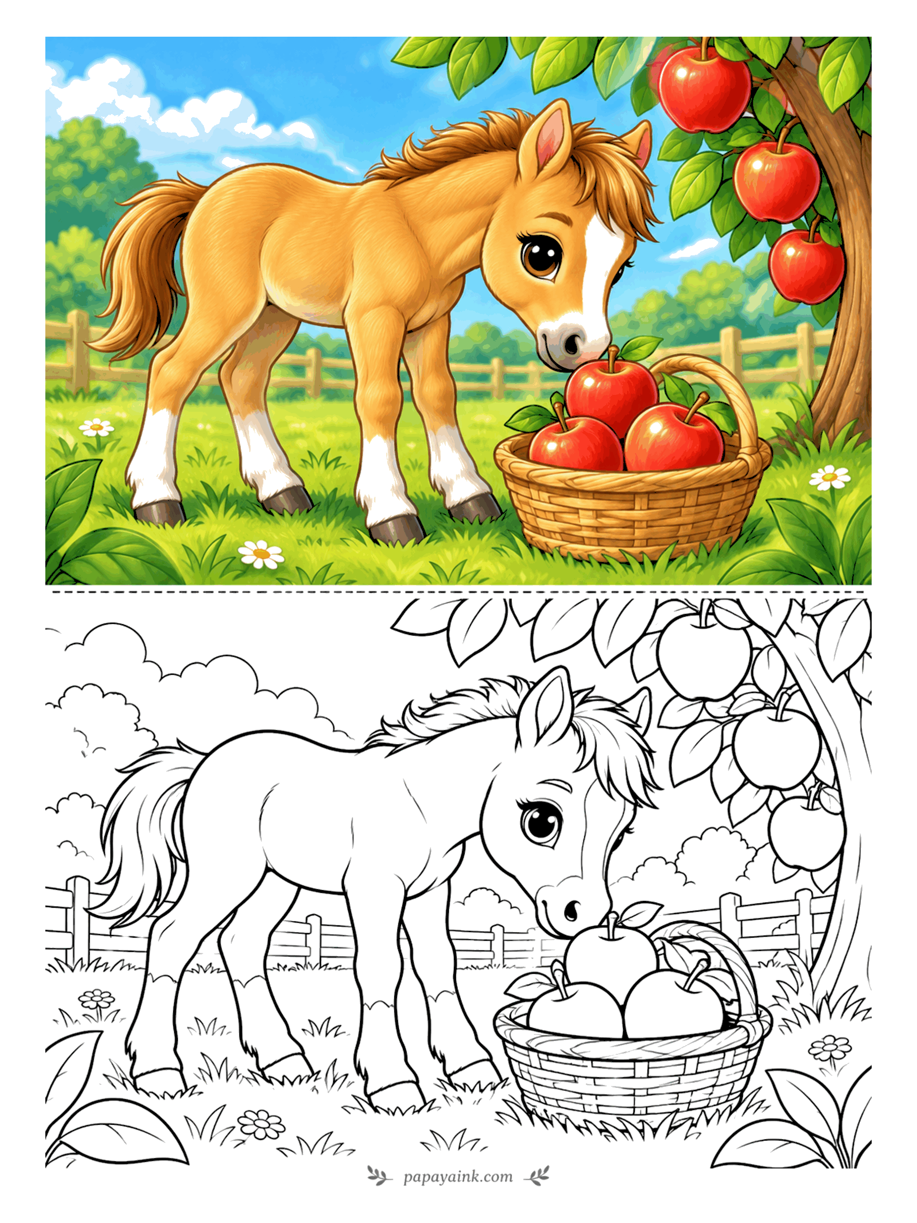 Cute Horse Coloring Pages - The basket is full and the foal has noticed. A cream foal reaches for the top apple under the tree, more fruit hanging just overhead. Red apples against green leaves - start with the basket.