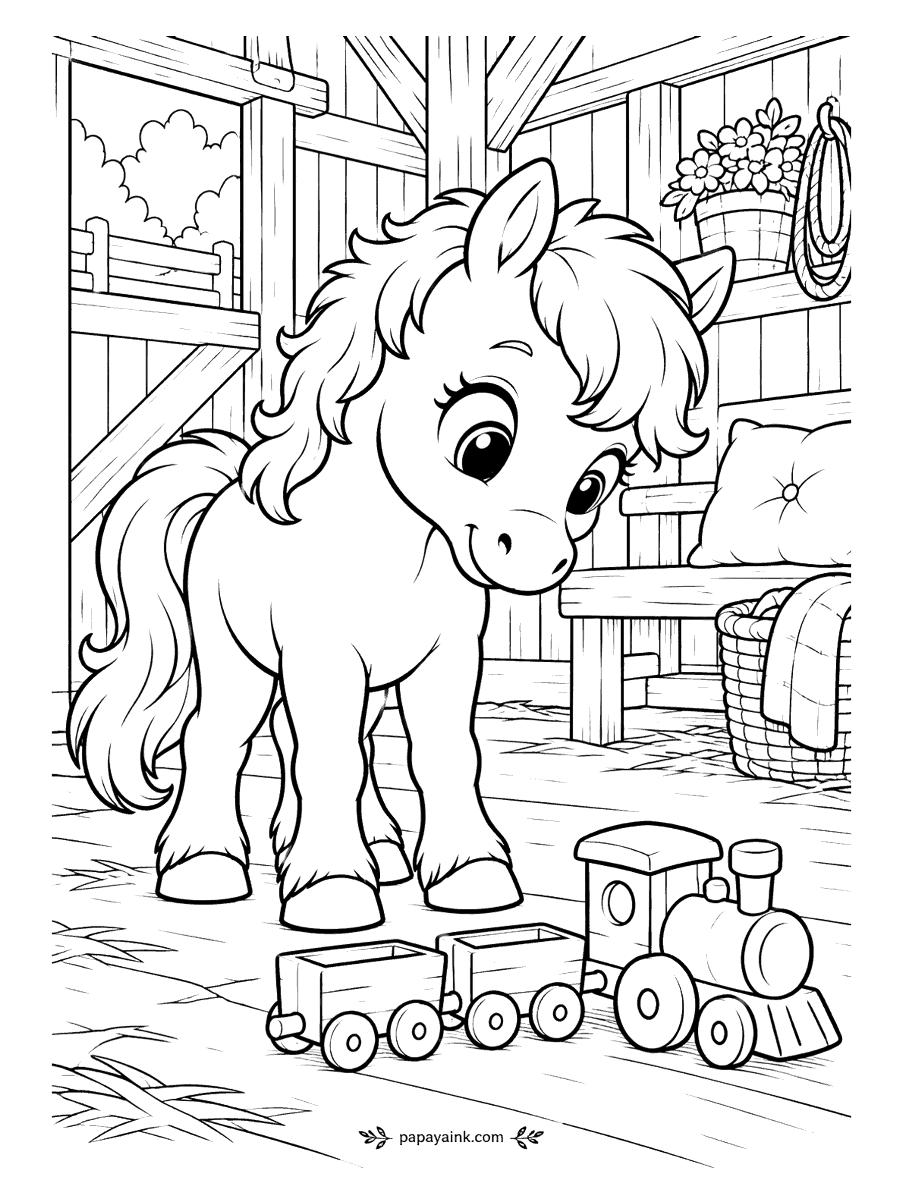 Cute Horse Coloring Pages - A toy train has been left on the barn floor, and the foal is not sure what it is yet. Bench, cushion and basket sit in the corner by the window. Bright colors for the engine and cars, plain wood for everything else.